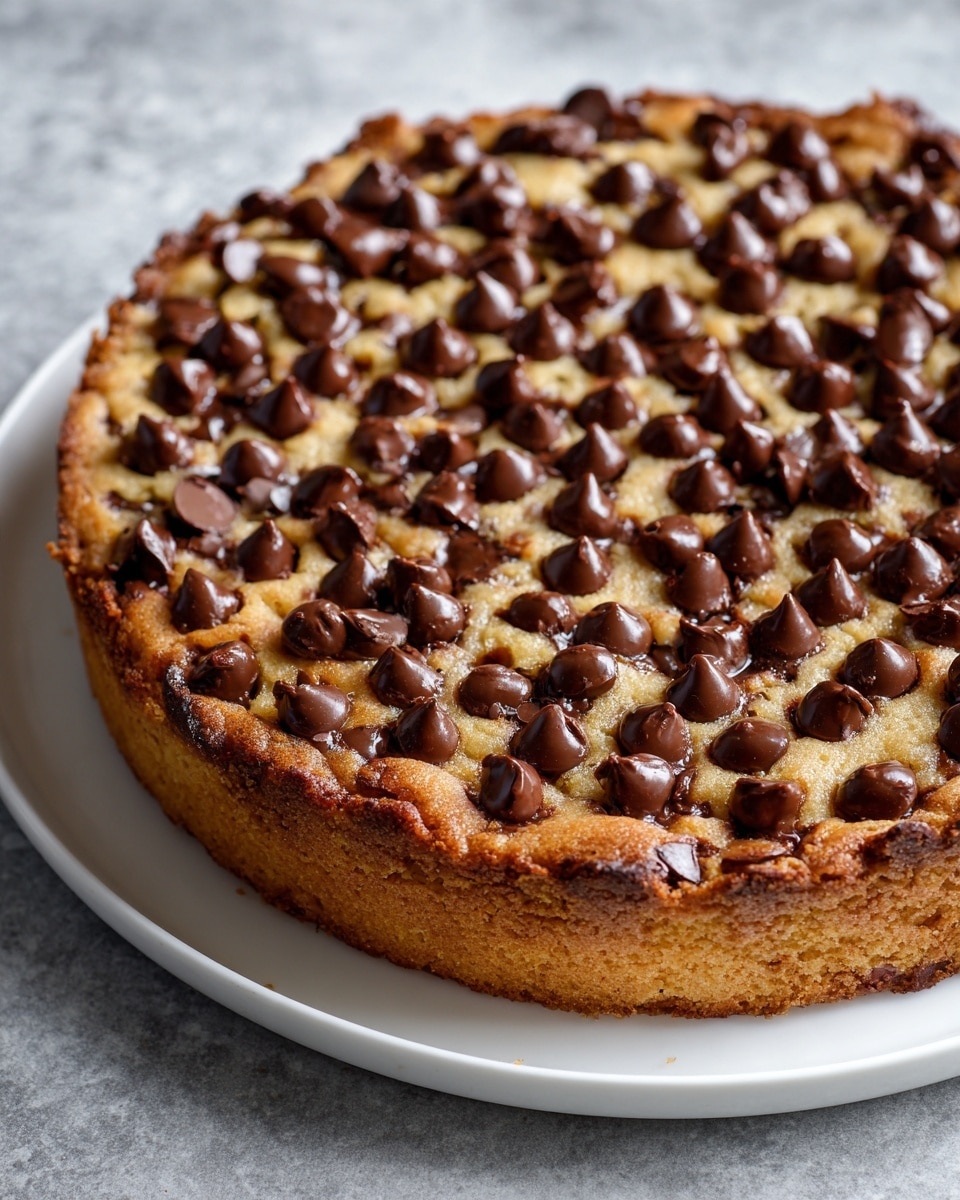 A large, round chocolate chip cookie pie sits on a white plate, showing one thick, golden-brown layer of soft cookie dough covered with many shiny, dark brown chocolate chips scattered evenly across the surface. The edges are slightly raised and browned, indicating crispiness. The textured cookie looks soft and chewy, with the chocolate chips slightly melted and embedded within the dough. The white marbled surface underneath adds a clean, bright contrast to the warm tones of the cookie pie. Photo taken with an iphone --ar 4:5 --v 7
