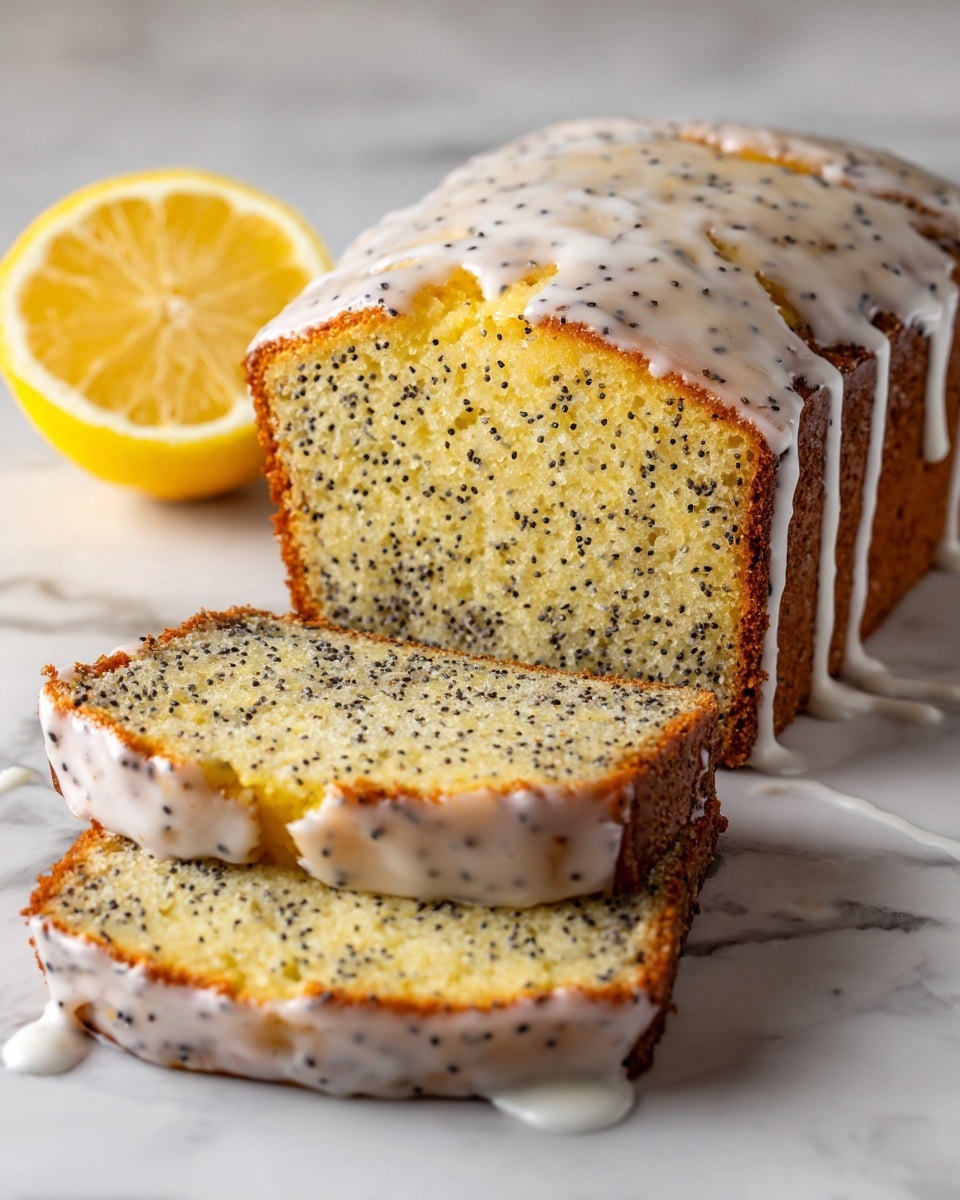 A lemon poppy seed loaf cake sitting on a dark surface replaced with a white marbled texture, cut into three slices. The cake has a soft, light yellow inside filled with many tiny black poppy seeds evenly spread through every layer. The top is covered with a thin, shiny white glaze that drips slightly over the edges, sprinkled lightly with poppy seeds. Next to the cake is a halved lemon showing its bright yellow juicy inside. The focus is tight, highlighting the moist texture of the cake and the glazed topping. Photo taken with an iphone --ar 4:5 --v 7