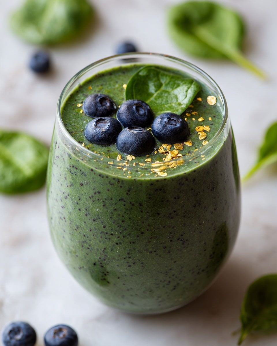 A thick green smoothie fills a clear glass with tiny dark specks throughout, showing a blended texture. On the top layer, there are four fresh, plump blueberries with a slight shine, one large green spinach leaf beside them, and small golden flakes sprinkled around. The glass is set on a white marbled surface with scattered spinach leaves and blueberries blurred in the background. photo taken with an iphone --ar 4:5 --v 7