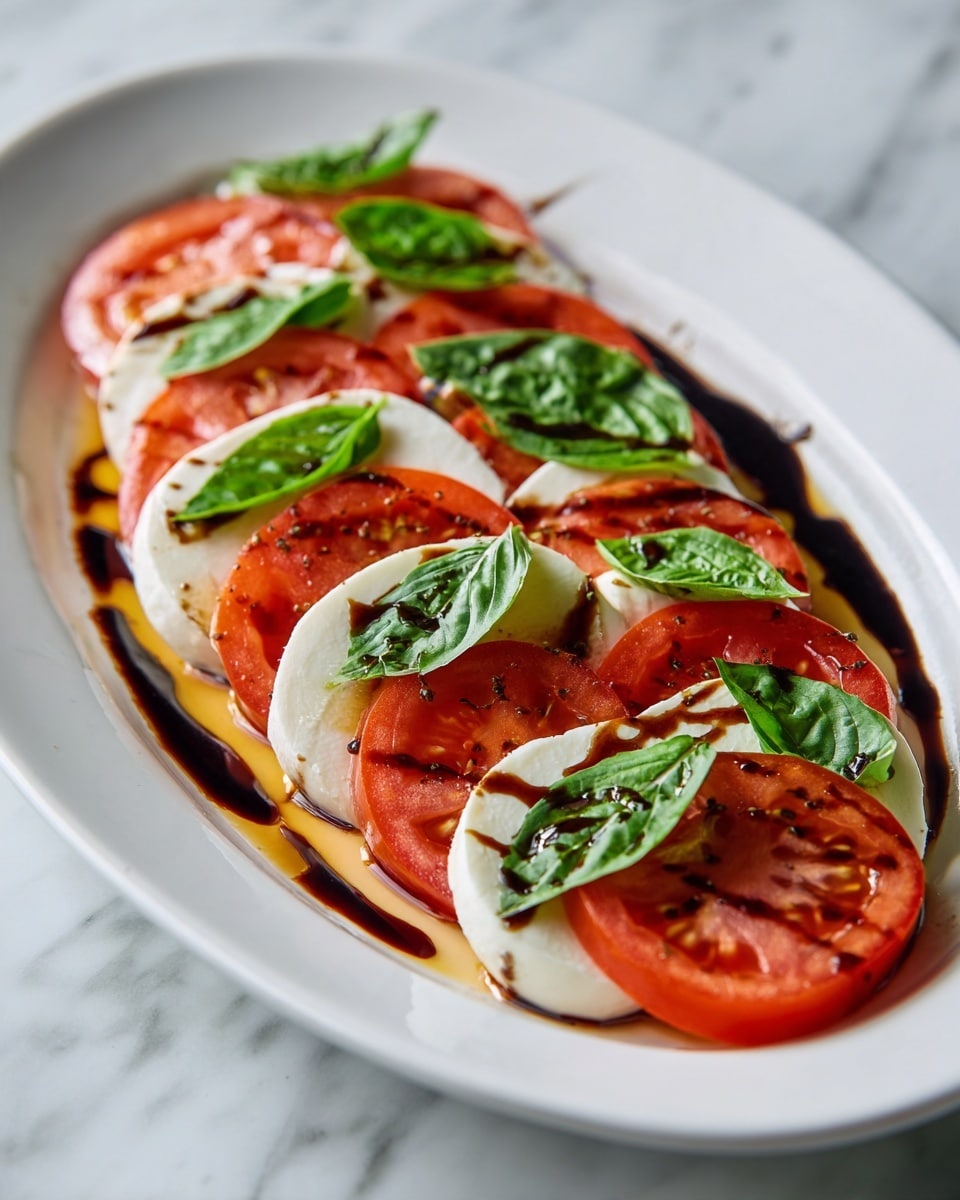 The dish shows a white oval plate filled with a Caprese salad arranged in neat repeating layers, each layer consisting of three parts: a ripe, bright red tomato slice with a juicy texture; a fresh, creamy white mozzarella round with a smooth surface; and a vibrant green basil leaf with a slightly wrinkled texture placed between the tomato and mozzarella. The layers are arranged in overlapping rows, covering the plate's surface. The salad is drizzled with a dark, glossy balsamic glaze that creates thin streaks and drops over the top, adding contrast and shine. The plate sits on a white marbled textured surface. photo taken with an iphone --ar 4:5 --v 7