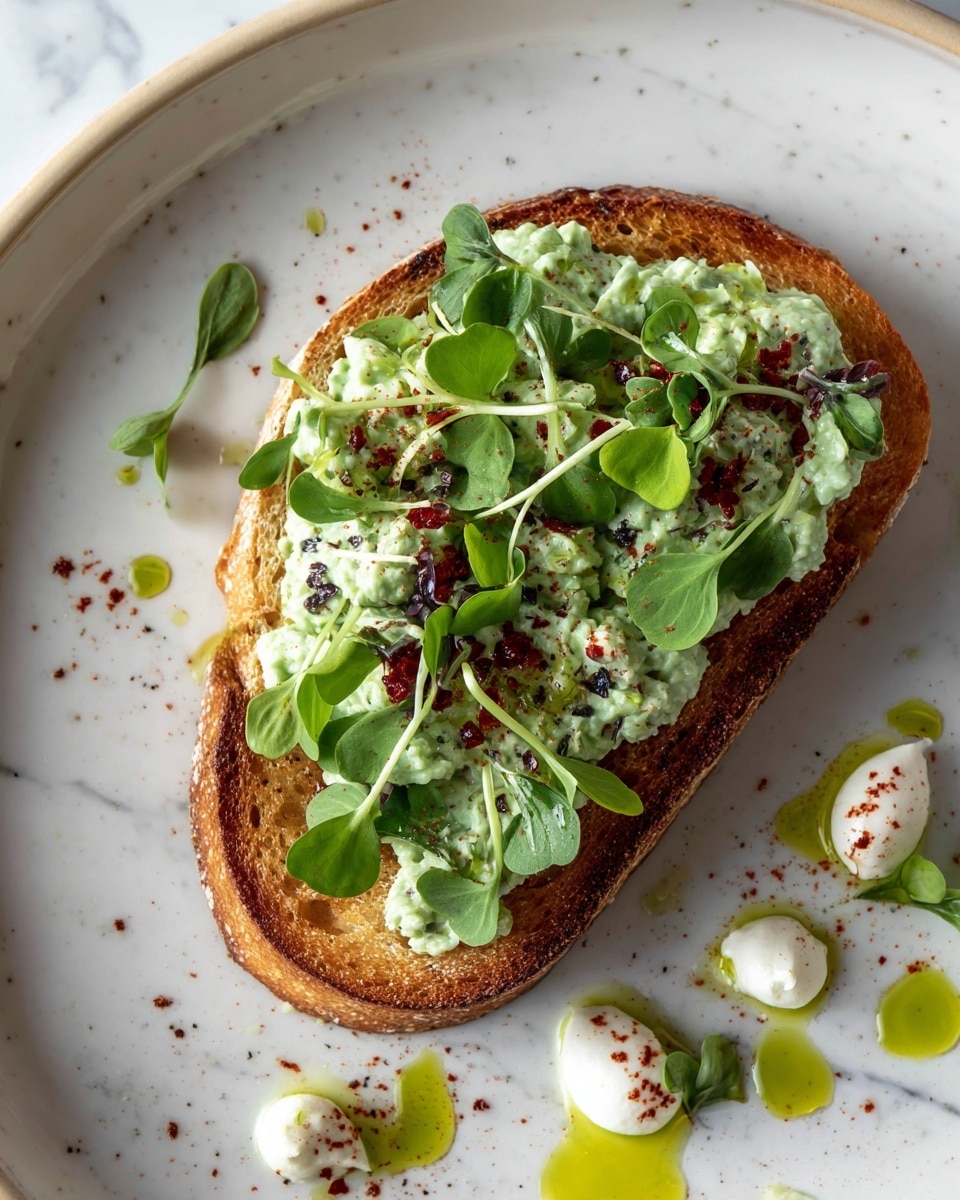A thick slice of toasted bread with a golden-brown crust and soft inside forms the base layer on a white plate with light speckles. On top, a creamy layer of bright green spread is evenly spread, textured with small lumps and sprinkled with a few red flakes. Fresh green microgreens rest delicately on the spread, adding height and a fresh leafy texture. Around the bread on the plate, there are small dollops of yellow-green sauce and white cream, each with a smooth texture and spaced apart. The background is a white marbled surface, and the photo looks natural and bright, taken close-up with soft focus on the details. photo taken with an iphone --ar 4:5 --v 7