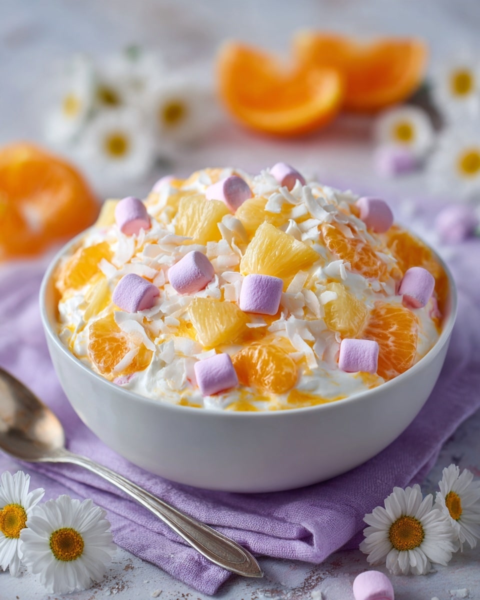 A bowl filled with a creamy fruit salad showing multiple layers, with white whipped cream as the base layer, topped with bright orange mandarin segments and light yellow pineapple chunks, all mixed evenly. Small pastel pink and purple mini marshmallows are scattered throughout, adding soft texture and color contrast. Shredded white coconut flakes are sprinkled over the top, giving a fluffy appearance. The food is placed in a white bowl on a light purple cloth with a white marbled surface underneath, supported by soft natural light with blurred sliced oranges and daisies in the background. Photo taken with an iphone --ar 4:5 --v 7