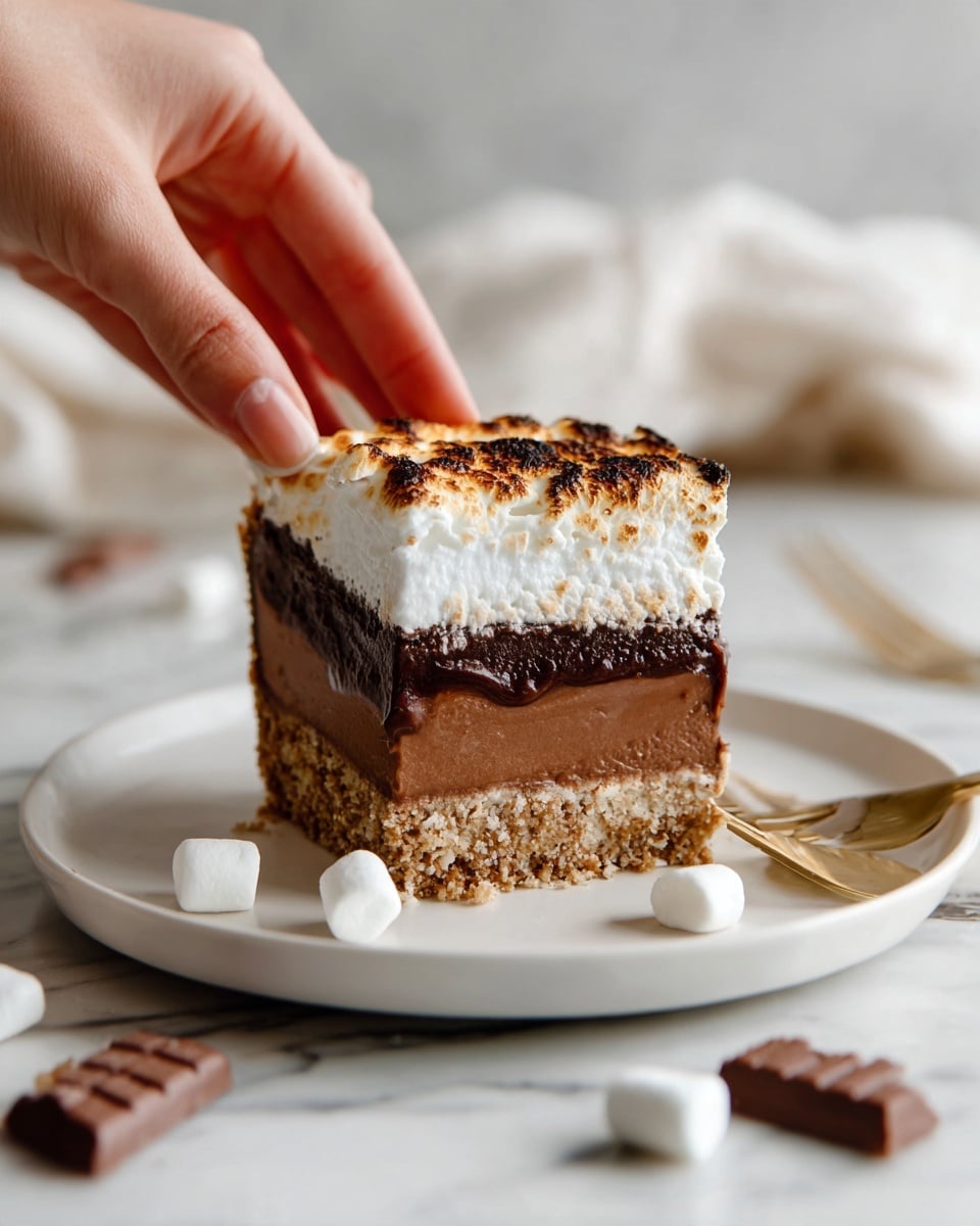 A close-up view of a multi-layered dessert square on a white round plate, placed on a white marbled surface. The bottom layer is a light brown crumbly crust, followed by a thick, dense dark brown chocolate brownie layer in the middle. On top of that is a smooth, rich, glossy dark chocolate layer, partially covered by a thick, fluffy white marshmallow layer with uneven texture. Small toasted brown marshmallows and pieces of milk chocolate are scattered around the plate, and a woman's hand holds the plate from the side. In the background, blurred white mugs and stacked chocolate bars are visible. Photo taken with an iphone --ar 4:5 --v 7