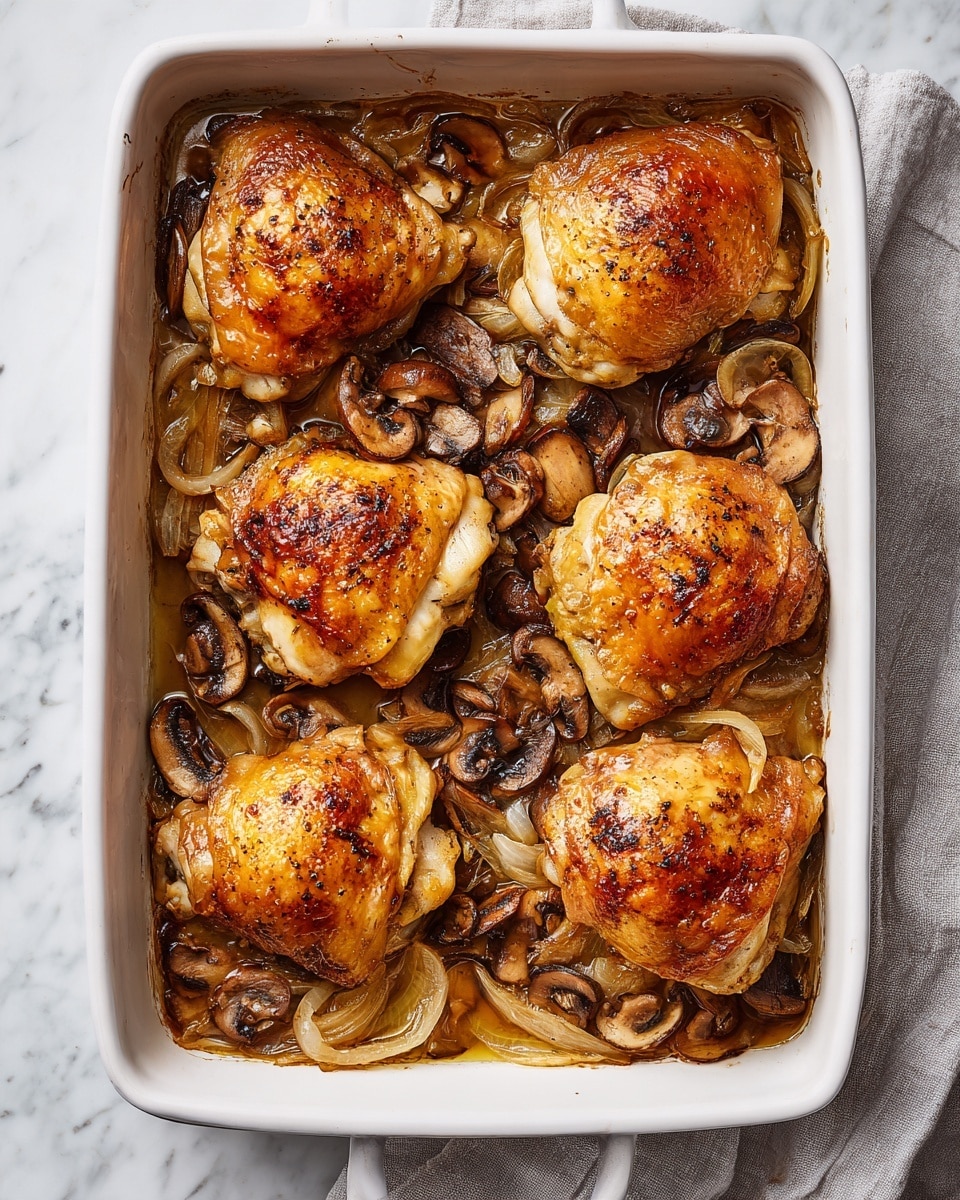 A white baking dish filled with six golden-brown baked chicken thighs placed evenly in two rows, each thigh sitting on a bed of soft, cooked mushroom slices and translucent, caramelized onion pieces. The chicken skin is shiny and slightly crispy, with spots of deeper brown where it is roasted more. The mushrooms have a dark brown color with a tender texture, and the onions are light golden, curling softly around the chicken. The dish is photographed on a white marbled surface with a light gray cloth visible to the side. photo taken with an iphone --ar 4:5 --v 7