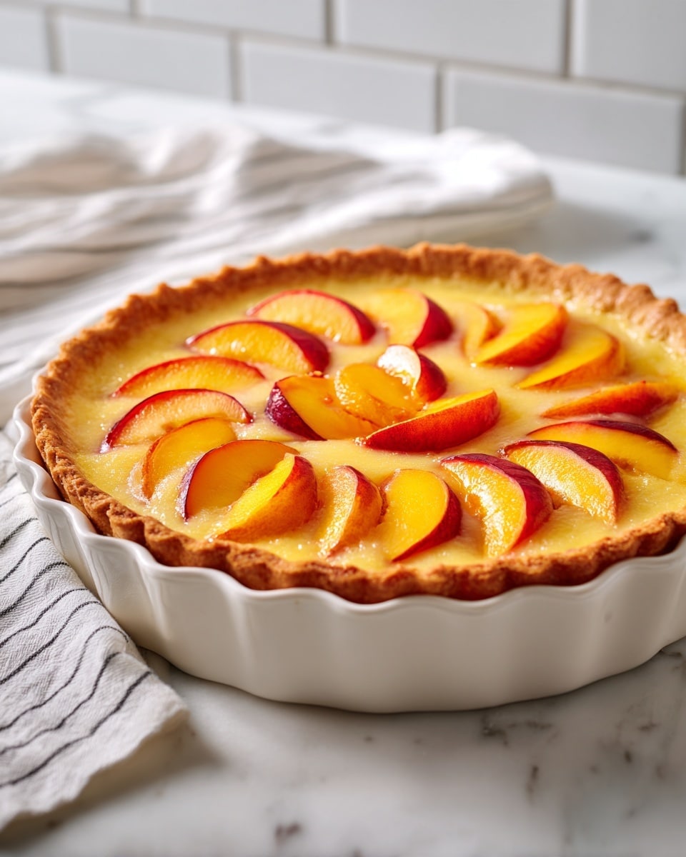 A white pie dish holds a peach tart with a golden brown, crimped crust. Inside the tart, there is a smooth, shiny, light yellow filling that looks like custard or gelatin. On top, evenly placed curved peach slices with orange and red skins create a bright, juicy pattern. The tart is set on a white marbled surface with a soft, blurred white tiled wall and a white cloth with black stripes in the background. Photo taken with an iphone --ar 4:5 --v 7