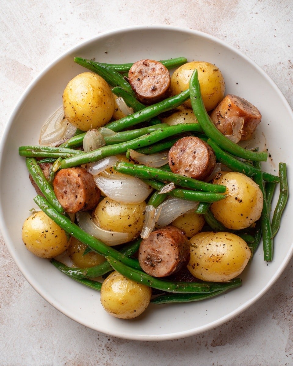 A white plate holds a dish made of several layers: the bottom layer has whole small round potatoes, some cut in half showing a soft, light yellow interior with a smooth texture and light seasoning; green beans are scattered evenly across the plate, long and slender with a fresh, slightly glossy surface; chunks of browned sausage slices with a firm, juicy appearance are placed throughout the dish; small pieces of translucent cooked onions are sprinkled among the other ingredients, adding a slight shine; the entire dish is lightly sprinkled with black pepper, adding specks of dark contrast on the potatoes, beans, and sausage. The plate is set on a white marbled texture. photo taken with an iphone --ar 4:5 --v 7