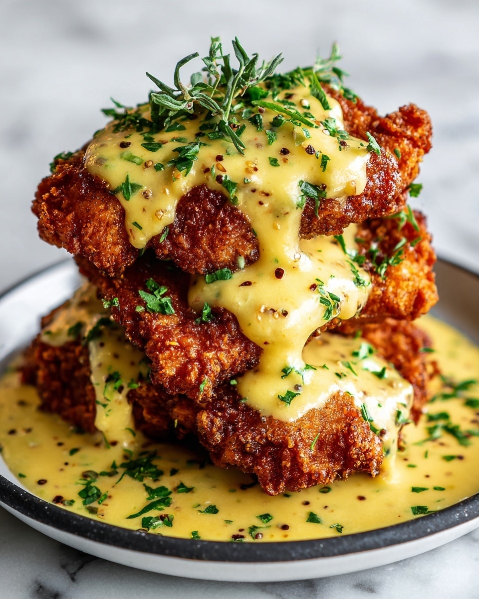 The image shows three pieces of golden brown fried chicken stacked on top of each other on a white plate with a dark inner surface. Each piece of chicken is covered in a thick, creamy yellow sauce with small black and red specks, giving a slightly grainy texture, and is sprinkled with fresh chopped green herbs on top and around the plate. The fried chicken has a crispy, rough texture, and the sauce drips gently over the edges, pooling slightly on the plate. The background is a white marbled texture. photo taken with an iphone --ar 4:5 --v 7