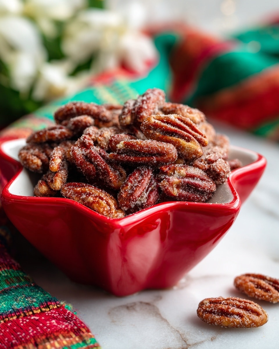 A close-up image shows a star-shaped red dish filled with golden-brown candied pecans coated in a sparkling sugar and spice mix, giving a textured and crunchy appearance to each nut. The dish rests on a wooden board with a few pecans scattered around it. In the background, there is a blurred checkered cloth and white flowers adding a soft, light atmosphere. The entire scene is set on a white marbled surface. photo taken with an iphone --ar 4:5 --v 7