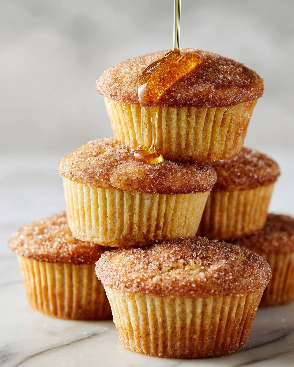The image shows five golden-brown muffins, lightly coated with a sparkling sugar and cinnamon mix that gives them a textured, sugary top layer. The muffins have a soft, smooth, light yellow cake base, each wrapped in ridged light brown paper liners. A thick stream of shiny golden syrup is being poured over the top muffin in the center, creating a glossy, sticky layer that drips down onto the muffin below. The muffins are arranged close together on a white marbled surface with soft lighting highlighting their moist texture and sugar crystals. Photo taken with an iphone --ar 4:5 --v 7