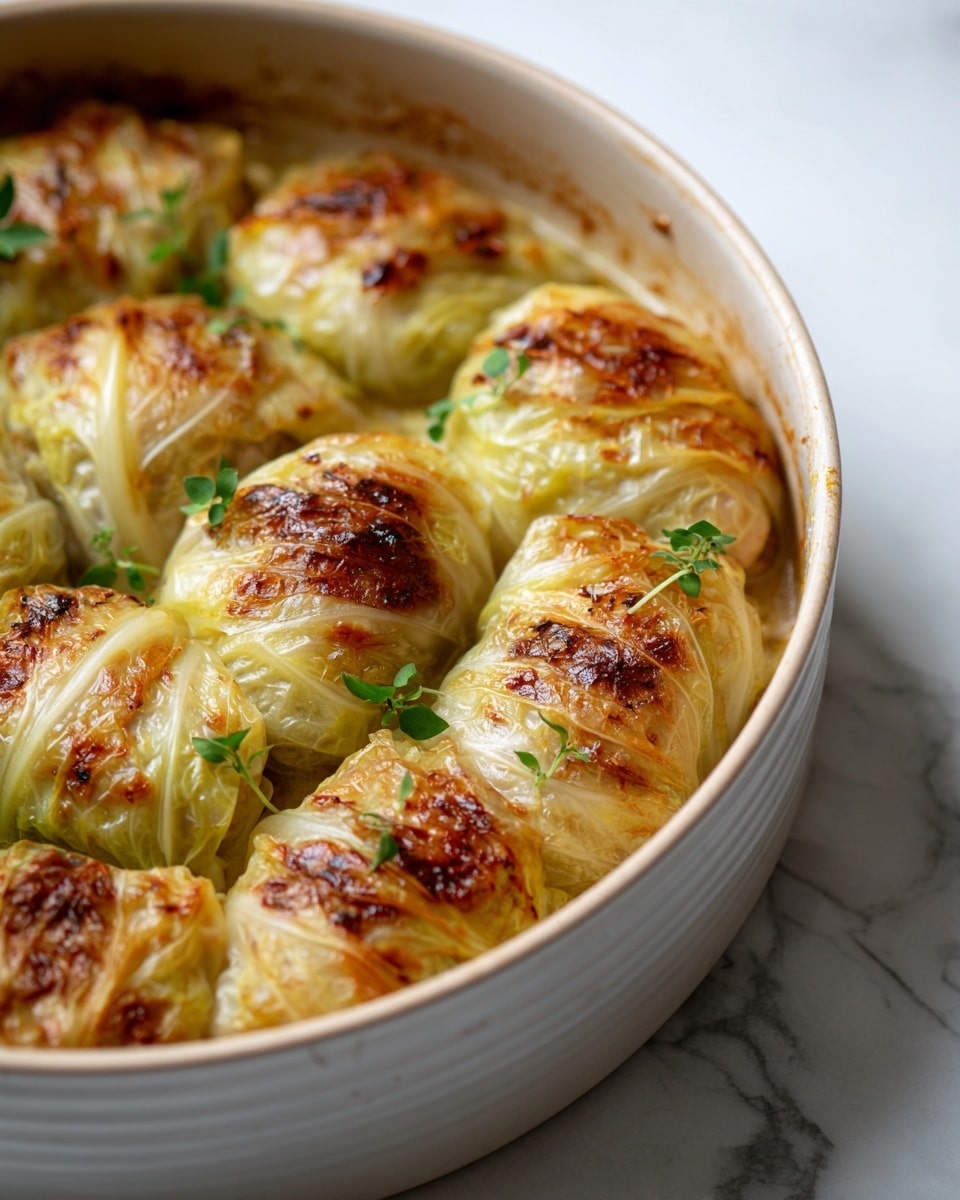 A white pot filled with round, golden brown baked dumplings, each one topped lightly with browned spots and small green herb leaves. The dumplings rest on a layer of soft, translucent cabbage leaves that are slightly wilted and shiny, filling the bottom and edges of the pot. The pot has a smooth, cream-colored inside with some caramelized bits along the sides, sitting on a white marbled surface. The photo taken with an iphone --ar 4:5 --v 7