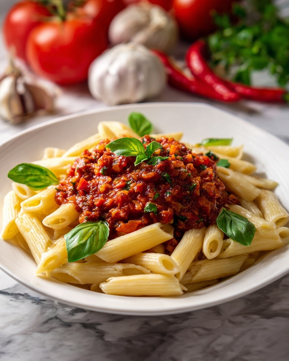 A white square plate holds a serving of penne pasta dressed in a rich red tomato sauce with visible small chunks of cooked tomatoes and herbs, creating a textured layer over the pasta. The penne is arranged loosely, showing its tubular shape and ridges in a light orange-red color from the sauce. Bright green basil leaves are scattered on top, adding a fresh contrast in color and a smooth texture. In the background, slightly out of focus, there are whole tomatoes, red chili peppers, and garlic bulbs resting on a white marbled surface. photo taken with an iphone --ar 4:5 --v 7