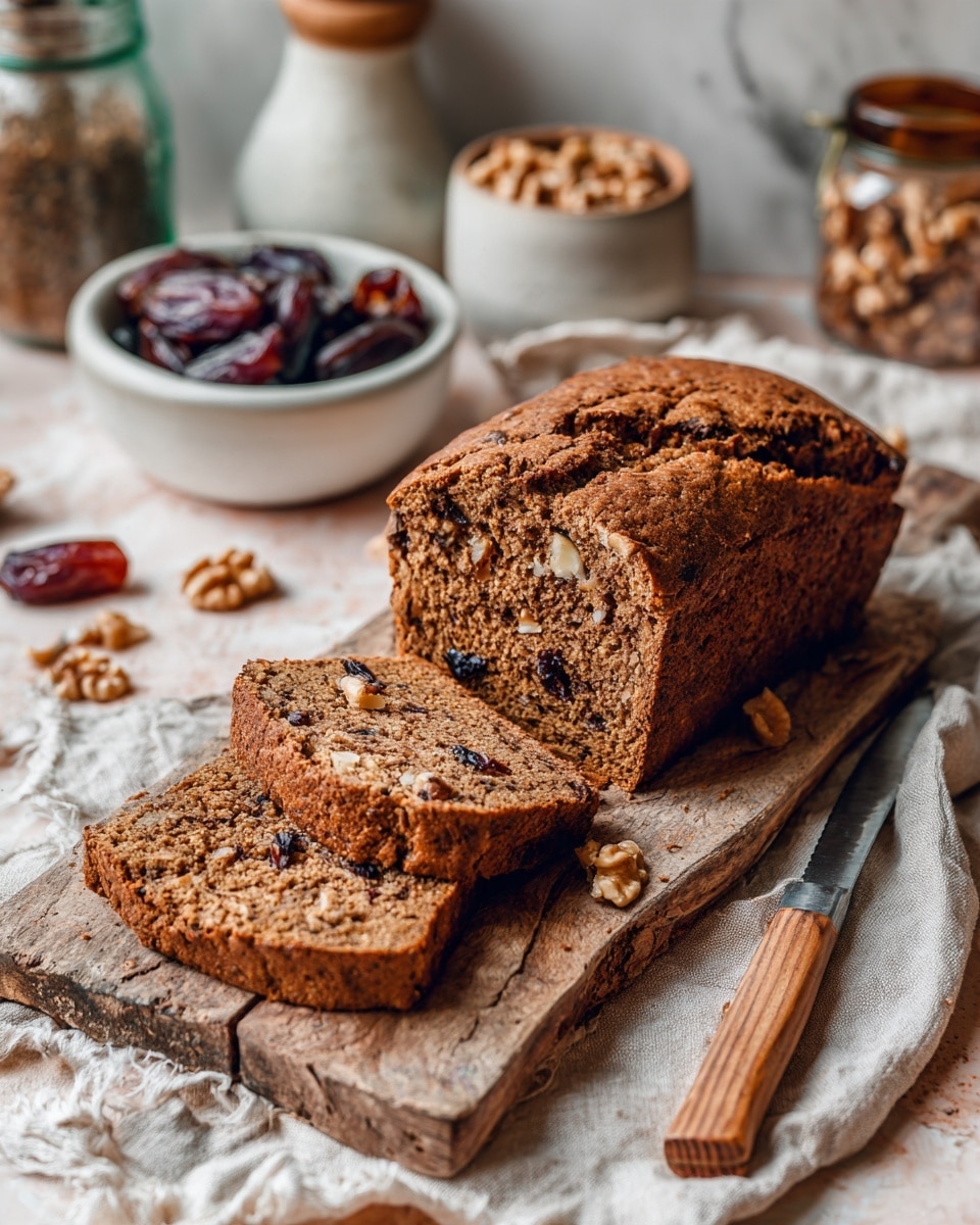 The image shows a rustic loaf of nut and fruit bread on a wooden cutting board. The loaf is dark brown with a rough, textured crust on top. Two thick slices are cut from the front, revealing a dense inside filled with chunks of walnuts and dark dried fruit, creating a mix of light brown, dark brown, and off-white colors in the slices. A vintage knife with a wooden handle rests on the cutting board next to the bread. In the background, there is a bowl filled with dark chopped dates and whole walnuts scattered on the cloth beneath the board. The setting is warm and cozy on a white marbled surface with neutral-toned pottery and a soft light coming from a nearby window. photo taken with an iphone --ar 4:5 --v 7