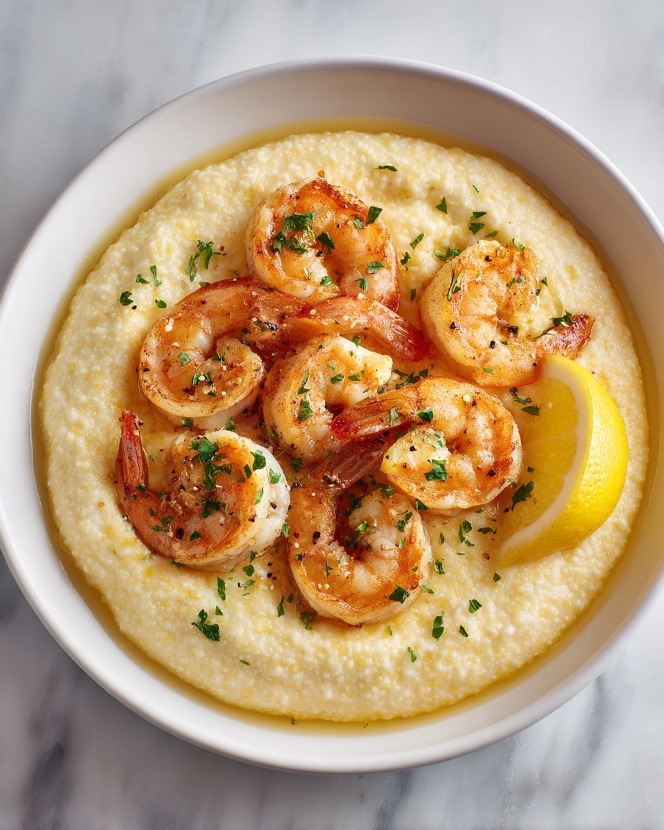A white bowl holds a creamy, pale yellow base, smooth and thick, forming the first layer. On top, six glossy, bright orange shrimp with light seasoning are placed closely in a circular pattern. They have a slightly shiny texture from the sauce beneath them, which is a golden, oily liquid pooling around the edges. Small chopped green herbs are scattered over the shrimp and the creamy base. A single lemon wedge with a bright yellow color sits on the right side of the bowl’s edge. The bowl is set against a white marbled surface. photo taken with an iphone --ar 4:5 --v 7