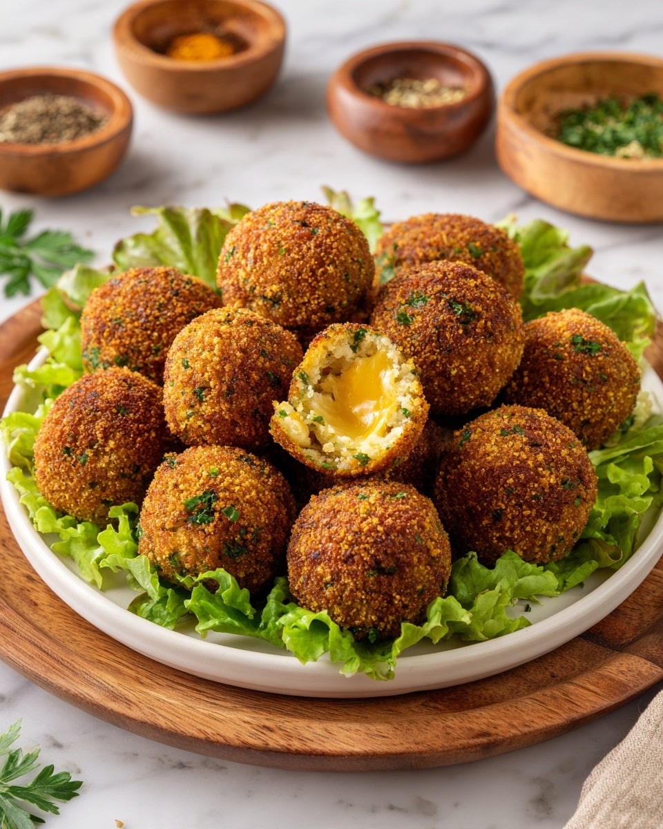 A white plate filled with about ten golden brown, round fried balls with a crispy textured coating, resting on a bed of fresh bright green lettuce leaves; one ball is broken open at the front to reveal a soft filling with green herbs and a gooey melted yellow cheese center. The plate is placed on a wooden round tray, with blurred small wooden bowls of colorful peppercorns and a red sauce in the background against a white marbled surface. photo taken with an iphone --ar 4:5 --v 7