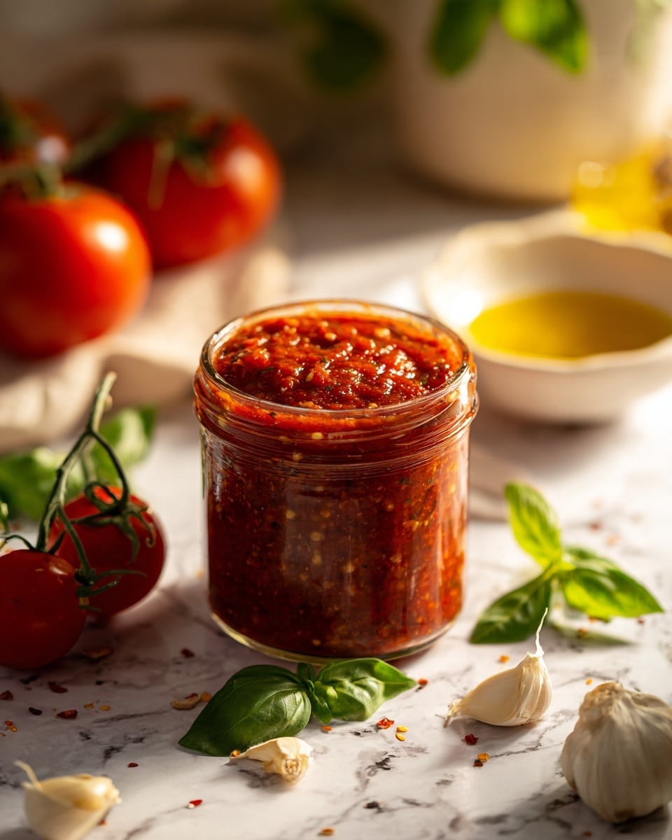 A clear glass jar filled with a thick, chunky red tomato sauce, with small bits of herbs visible throughout, sits on a white marbled surface. Around the jar, there are three bright red tomatoes with green stems, several fresh green basil leaves, and two whole garlic cloves. In the background, there is a small white bowl filled with golden olive oil. The sauce has a rich, textured appearance and the lighting creates soft reflections on the jar, giving the image a fresh and natural look. Photo taken with an iphone --ar 4:5 --v 7
