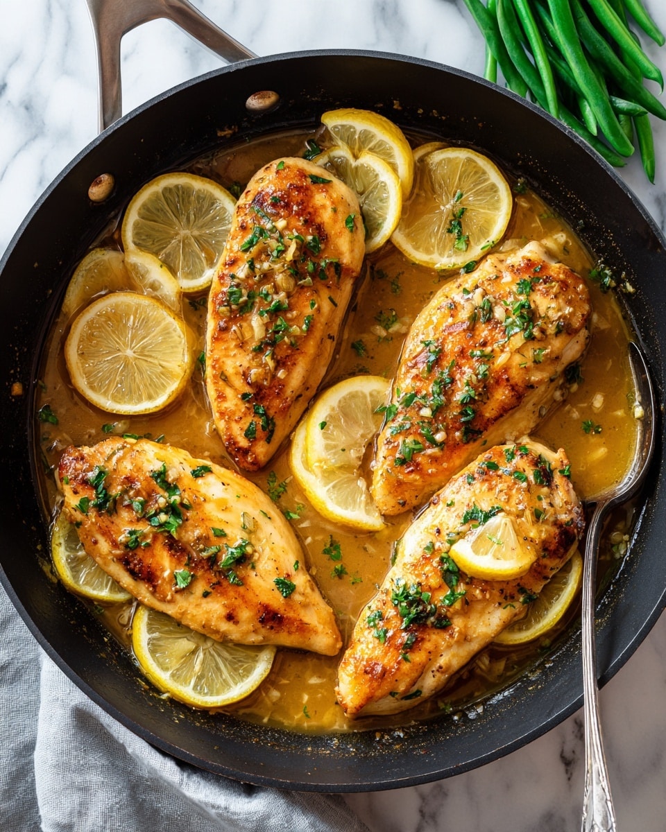 The image shows a black frying pan filled with four golden-brown cooked chicken breasts, each topped with small green herb sprinkles. Around the chicken are several thin lemon slices partially submerged in a glossy brown sauce that covers the bottom of the pan, giving it a shiny look. A spoon rests on the edge of the pan with some sauce on it. The pan is placed on a white marbled surface with a grey cloth nearby and a glimpse of green beans in a white bowl in the background. photo taken with an iphone --ar 4:5 --v 7