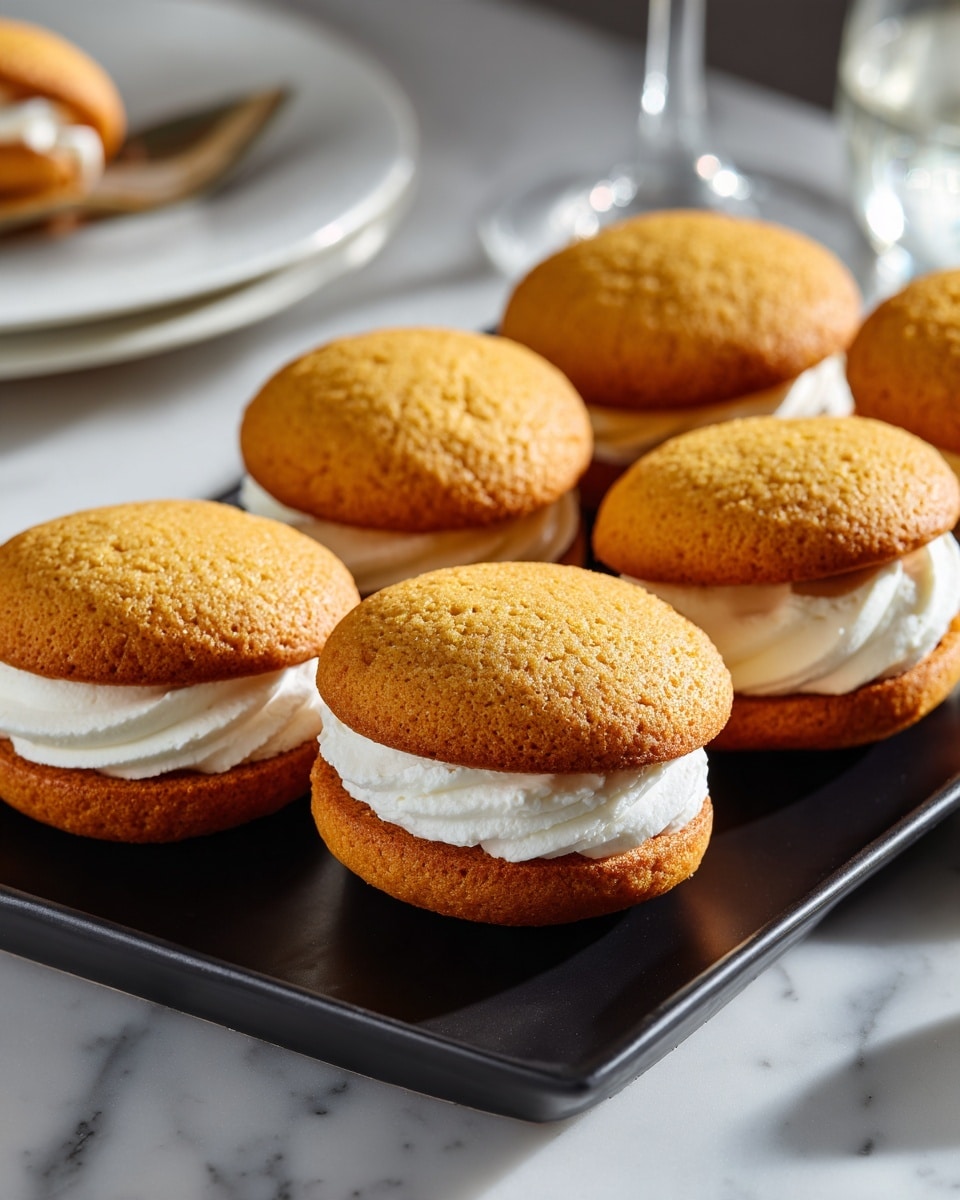 A black tray holds eight small sandwich cakes arranged close together on a white marbled surface. Each sandwich has two soft, round, golden-brown cake layers with a smooth, thick white cream layer in the middle. The cakes look fluffy and moist, with a slightly domed top and a fine texture. The white cream filling is evenly spread and thick, showing a smooth and creamy texture. In the background, a glass and a white plate are partially visible, and the overall scene is bright and clean. photo taken with an iphone --ar 4:5 --v 7