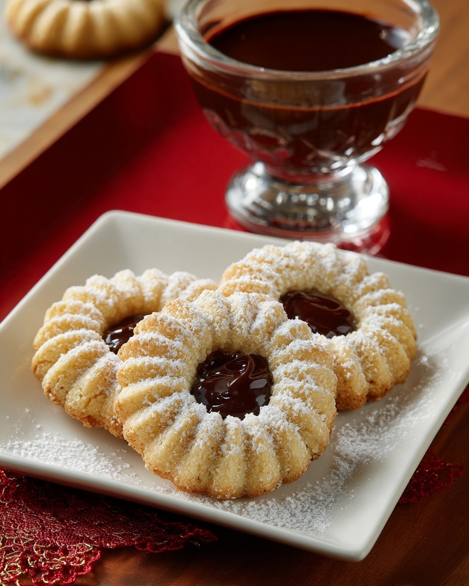 Three round cookies with a flower-like shape sit on a white square plate placed on a red book. Each cookie has a light beige color with small dark specks and a hollow center filled with shiny, dark chocolate. The cookies are dusted with white powdered sugar, adding a soft texture on top. Next to the plate, a clear glass bowl contains more dark chocolate sauce, thick and glossy. The scene is set on a white marbled surface with a second cookie and a red tin box in the background. photo taken with an iphone --ar 4:5 --v 7