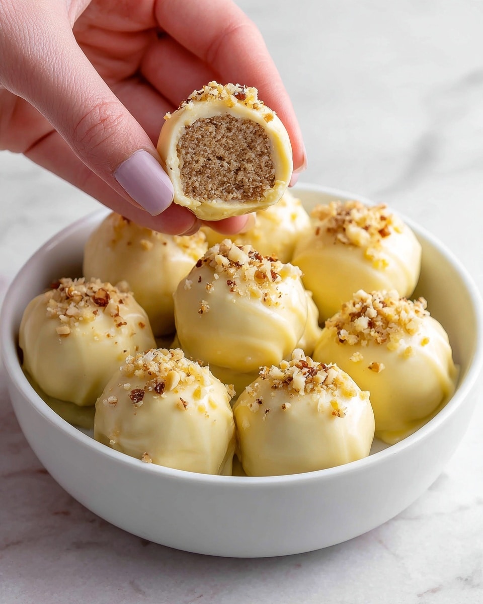 A small bowl holds seven round balls covered in smooth, white chocolate with a glossy finish; some are sprinkled with small pieces of light brown nuts. One ball is cut in half and placed on top, showing two inside layers: a thin outer shell of white chocolate and a dense, crumbly brown filling with small bits of lighter nuts mixed in. The bowl has a rough, speckled texture and sits on a white marbled surface. photo taken with an iphone --ar 4:5 --v 7