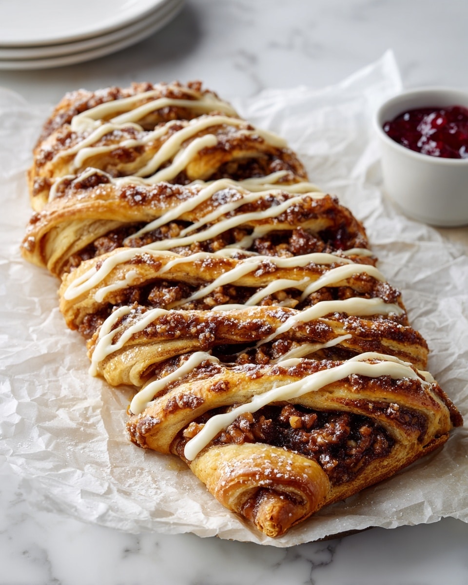 A twisted, braided pastry with a golden-brown crust lies on a piece of parchment paper over a white marbled surface. The pastry has multiple layers twisted into a thick spiral shape, each layer showing a rich filling of crushed nuts and seeds in dark brown and tan colors. The top is drizzled with a glossy white icing sauce streaked over the entire pastry, giving it a sweet and shiny look. The scene also includes a white cup and a small white bowl with dark red jam, placed slightly out of focus in the background. photo taken with an iphone --ar 4:5 --v 7