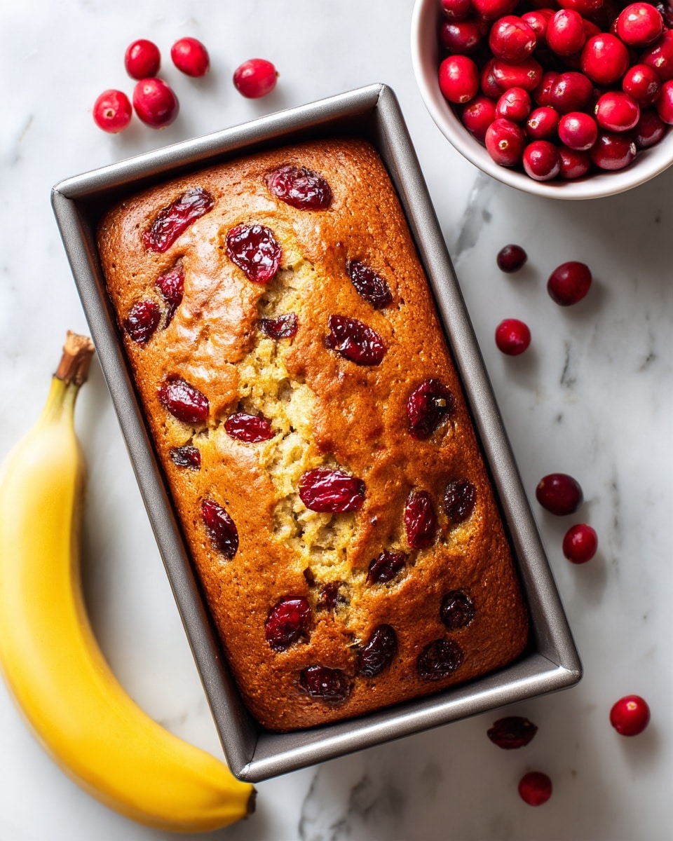 A close-up view of a golden-brown banana bread loaf in a metal baking pan, topped with scattered dark red dried cranberries. The loaf has a cracked top texture showing a moist inside with visible banana bits. It is placed on a white marbled surface with a bright yellow banana on the right and a white bowl filled with fresh red cranberries on the upper left, with some loose cranberries scattered around. Photo taken with an iphone --ar 4:5 --v 7
