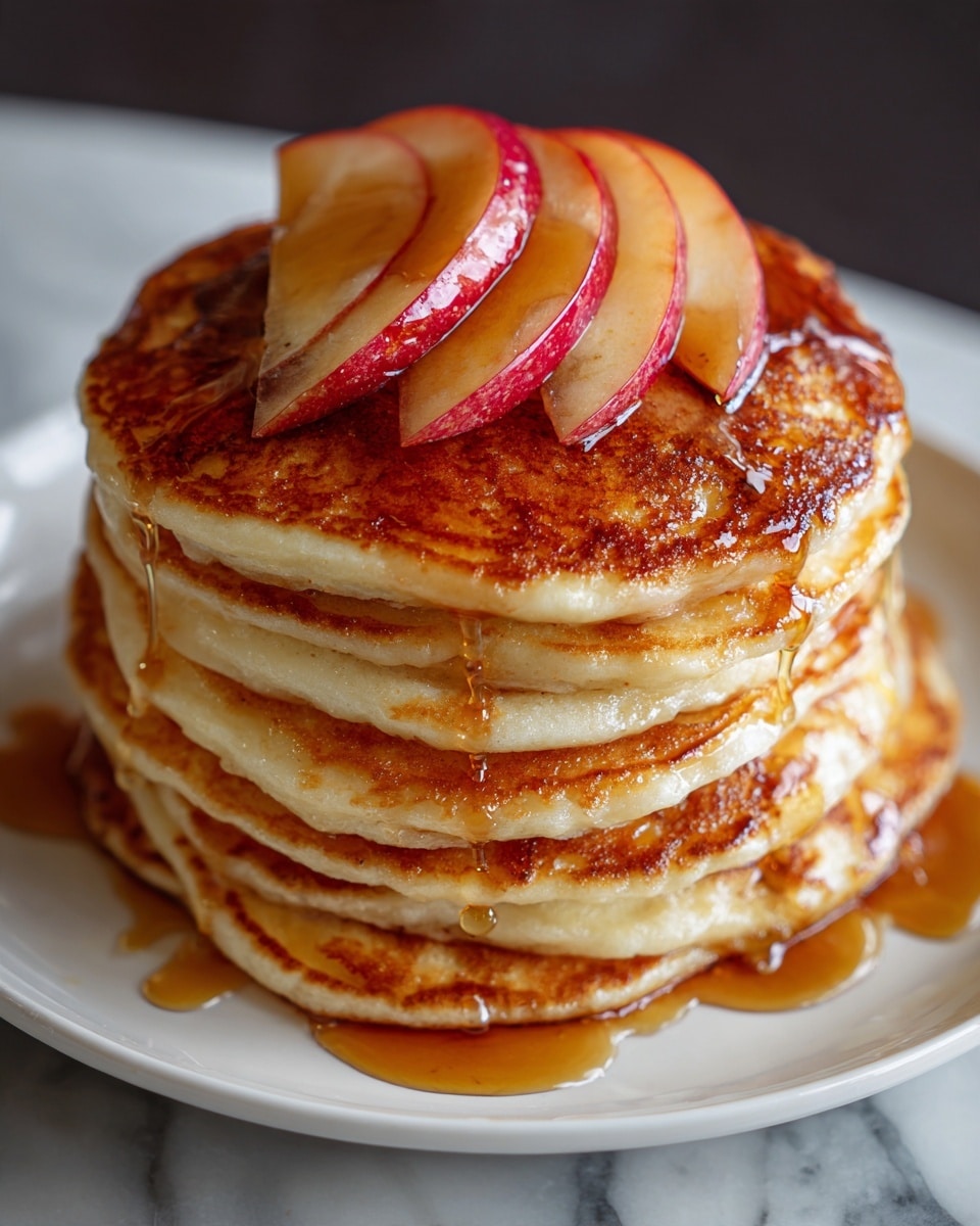 A tall stack of seven golden brown pancakes sits on a white plate, each pancake fluffy with a slightly crispy edge. The pancakes are evenly layered, with a drizzle of amber syrup running down the sides, catching the light. On top, there are four thin slices of red apple arranged in a small fan shape, adding a fresh contrast. The background shows a dark red cloth and a red apple out of focus on a white marbled surface. photo taken with an iphone --ar 4:5 --v 7