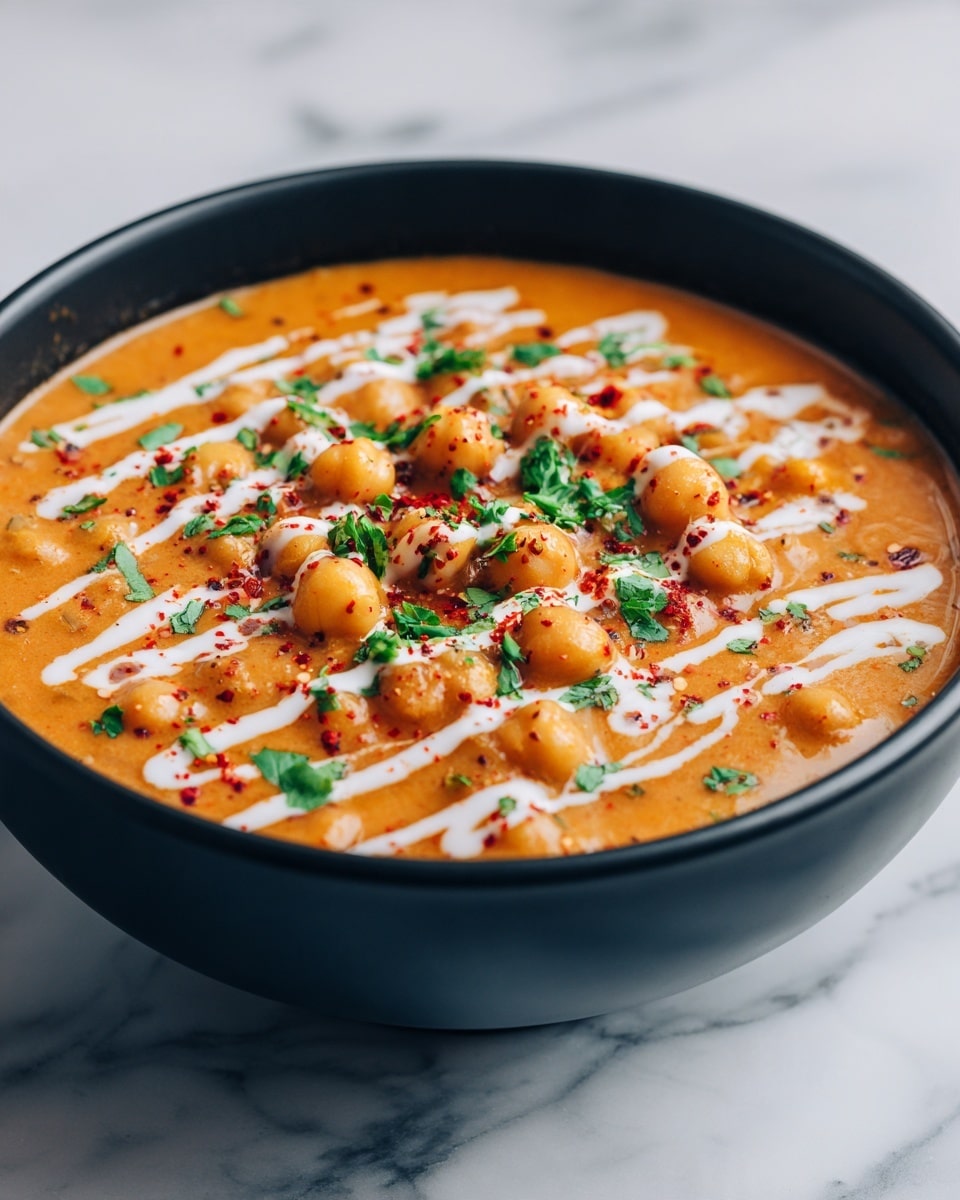 A shallow white bowl filled with a thick, warm orange curry made of chickpeas, topped with swirls of white yogurt sauce and bright green chopped cilantro. The curry has a smooth texture with whole chickpeas visible throughout the dish. Small bits of golden spices are scattered on top, adding texture and color contrast to the creamy sauce. The bowl sits on a white marbled surface. photo taken with an iphone --ar 4:5 --v 7