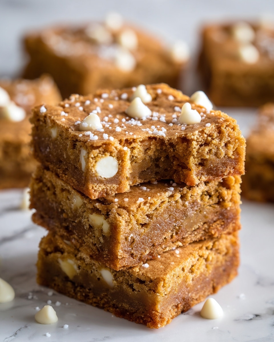 A stack of three square blondies with a rough, crumbly brown top layer sprinkled with white chocolate chips evenly placed on top and partially melted inside, the middle layer is moist and dense with a slightly darker brown color showing a rich texture, the bottom blondie acts as a sturdy base with a golden-brown crust, all set on a white marbled surface with some blurred blondies in the background; the top blondie has a bite taken out of the front edge. photo taken with an iphone --ar 4:5 --v 7