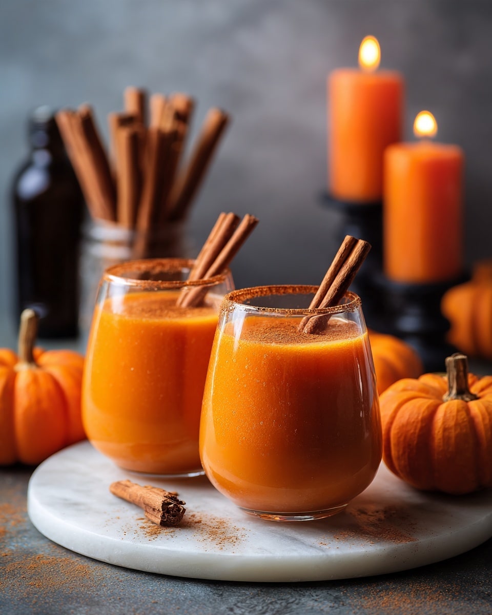 Two clear, round glasses filled halfway with a smooth, orange pumpkin drink sit on a white marbled textured round board. Each glass has a cinnamon stick resting on its rim. Behind the glasses, there is a clear glass filled with several cinnamon sticks standing upright. Around the board, three small bright orange pumpkins with textured skin and brown stems are placed. In the background, lit orange candles on black stands and a few dark-colored bottles create a warm, cozy atmosphere. Photo taken with an iphone --ar 4:5 --v 7