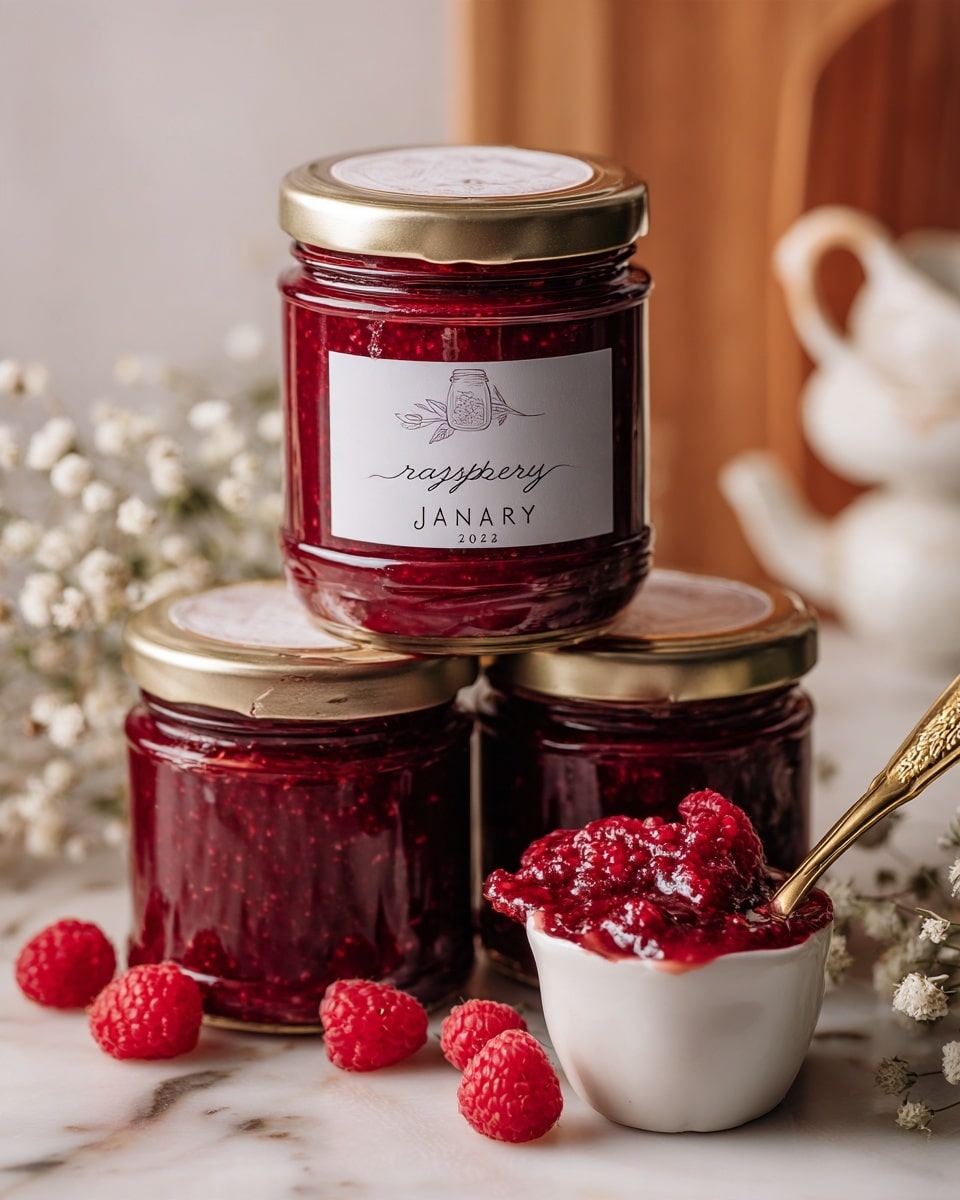 The image shows three glass jars filled with deep red raspberry jam stacked vertically with the top jar's white lid having a simple black sketch of a jam jar and text that says 