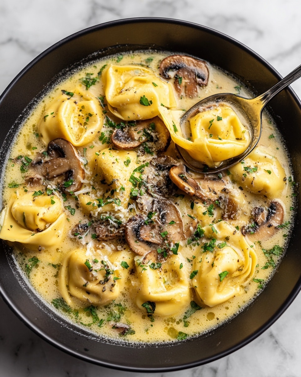 The image shows a deep white bowl filled with creamy soup that has a smooth, light beige color. Inside the soup, there are several yellow tortellini pasta pieces, each with soft edges and folded shapes. Sliced brown mushrooms with a tender texture float on top, alongside small green herb leaves scattered around for color contrast. A spoon lifts a portion of soup with tortellini and mushrooms. The bowl sits on a white marbled surface. photo taken with an iphone --ar 4:5 --v 7