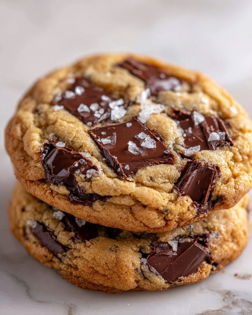Two golden brown cookies sit stacked with one slightly overlapping the other on a white marbled surface. Each cookie has a rough, slightly wrinkled texture with large chunks of dark melted chocolate embedded across the surface. Light sprinkles of coarse salt add a subtle sparkle, contrasting with the warm, soft baked dough. The edges of the cookies are slightly crisp while the center looks chewy. Photo taken with an iphone --ar 4:5 --v 7