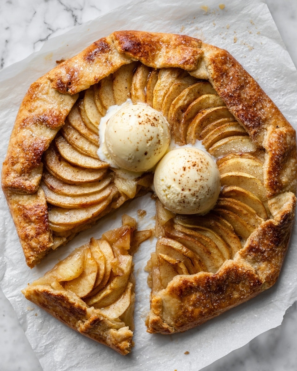 This image shows a round apple galette with a golden brown crust folded unevenly over the edges of caramelized apple slices layered in a circular pattern. The apple slices are warm yellow with light brown cinnamon specks and shiny glaze on top. Two scoops of creamy light yellow vanilla ice cream sit near the center of the fruit. One slice is cut and slightly pulled out, revealing more apple slices and the thick crust beneath. The galette rests on a lightly crumpled white parchment paper on a white marbled surface. photo taken with an iphone --ar 4:5 --v 7