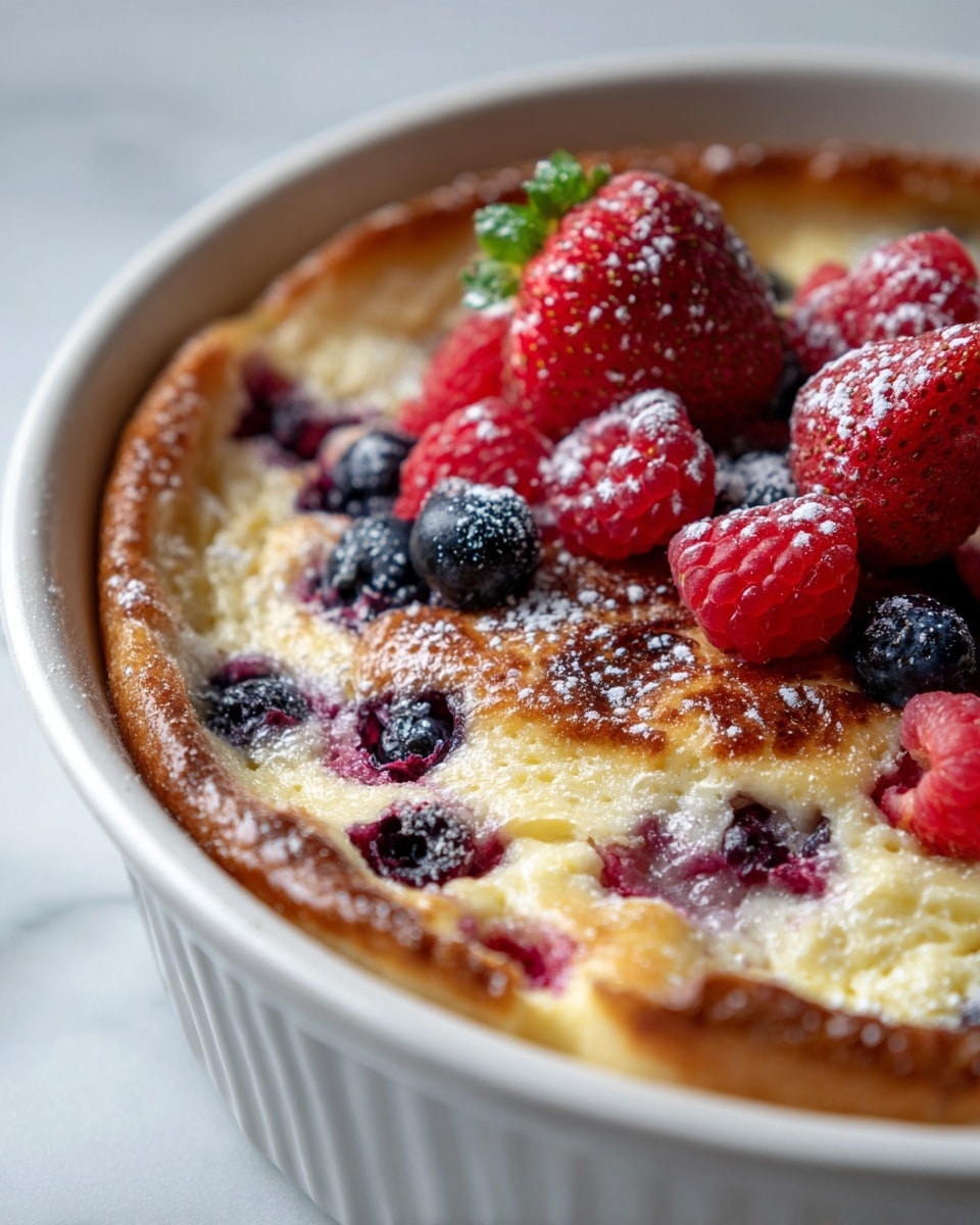 The dish is a baked bread pudding served in a white bowl, showing multiple layers. The bottom layer is a soft, light beige custard with visible cooked blueberries embedded in it, giving splashes of deep purple. The next layer is made of browned, slightly burnt, golden-brown bread pieces, with a rough texture on the top and sides. Scattered on top are fresh red raspberries and small strawberries with green leaves, adding bright red and green colors. Some powdered sugar is dusted lightly over the top, giving a snowy look. The dish is placed on a white marbled surface. photo taken with an iphone --ar 4:5 --v 7