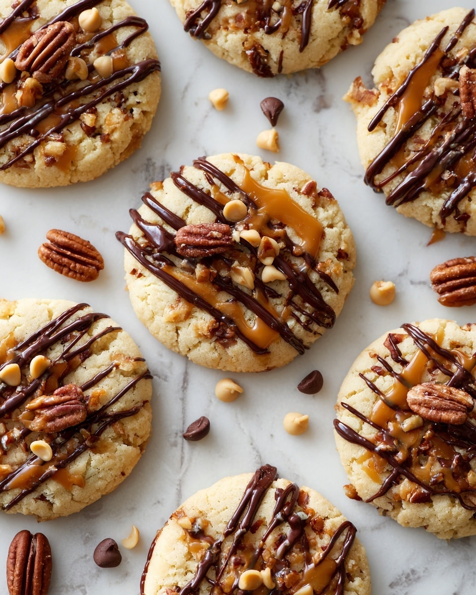 A white marbled surface holds a batch of round cookies with a rough, crumbly texture and a golden brown color. Each cookie has a pecan half placed near the center, surrounded by light brown and dark chocolate chips embedded in the dough. Some cookies are topped with a drizzle of melted dark chocolate, creating thin, glossy lines across the surface. Small clusters of crushed pecans and scattered chocolate chips add uneven texture and depth, with a few whole pecans scattered around the cookies on the white marbled surface. photo taken with an iphone --ar 4:5 --v 7