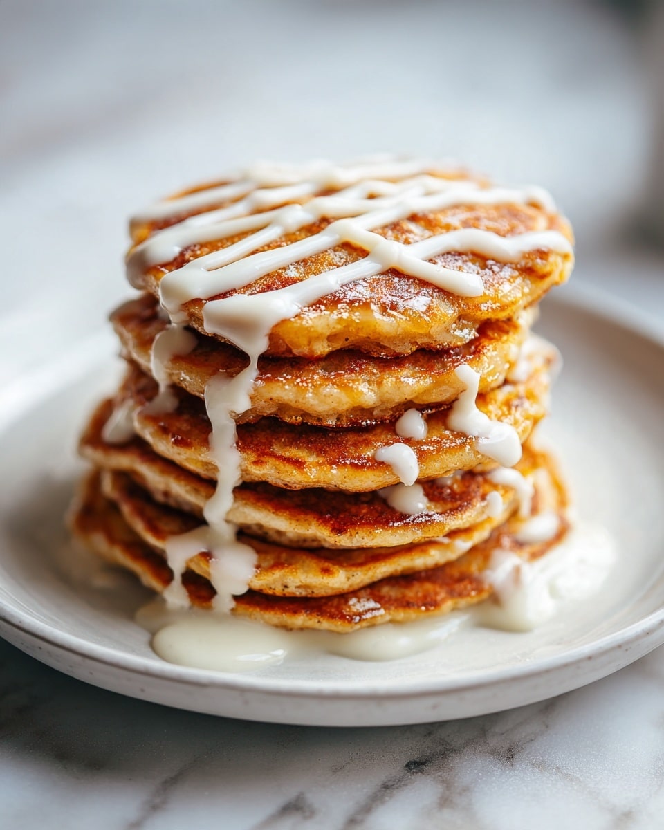 A stack of five golden-brown pancakes sits on a white plate, each pancake fluffy and softly textured with a slightly crisp edge. The top pancake is drizzled with thick, creamy white icing in zigzag lines that gently flow over the sides. The plate rests on a surface with a white marbled texture, and in the background, a blurred second small stack of pancakes can be seen. The warm colors of the pancakes contrast with the cool white icing and plate, creating a cozy, inviting look. photo taken with an iphone --ar 4:5 --v 7