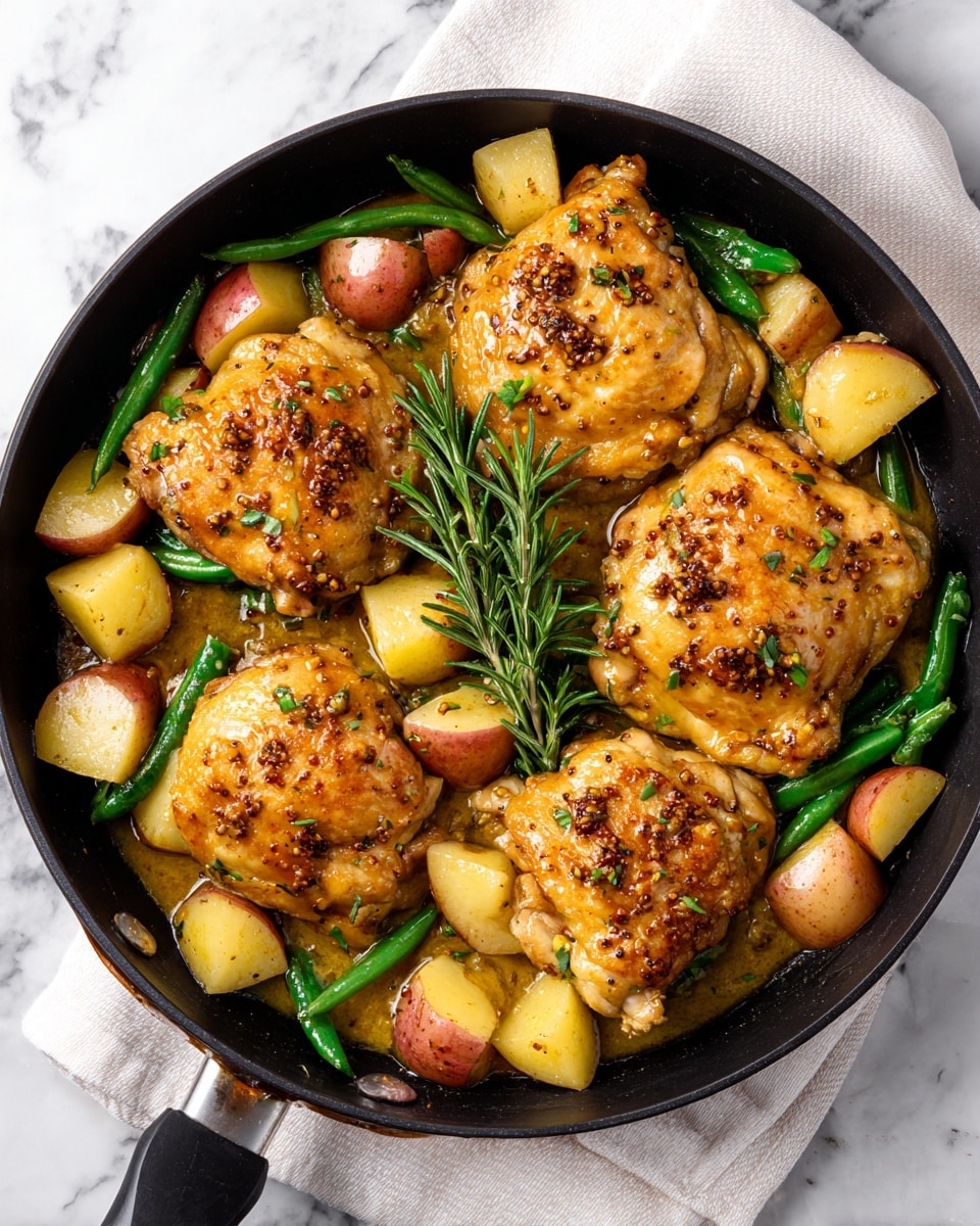 A dark pan filled with five golden brown cooked chicken pieces, each with a crispy skin lightly speckled with black pepper and herbs. Surrounding the chicken are many halved red-skinned potatoes showing creamy yellow insides, along with bright green cooked green beans scattered evenly throughout. In the middle, two fresh green sprigs of rosemary rise above the food, adding texture and color contrast. The pan rests on a white marbled surface. photo taken with an iphone --ar 4:5 --v 7