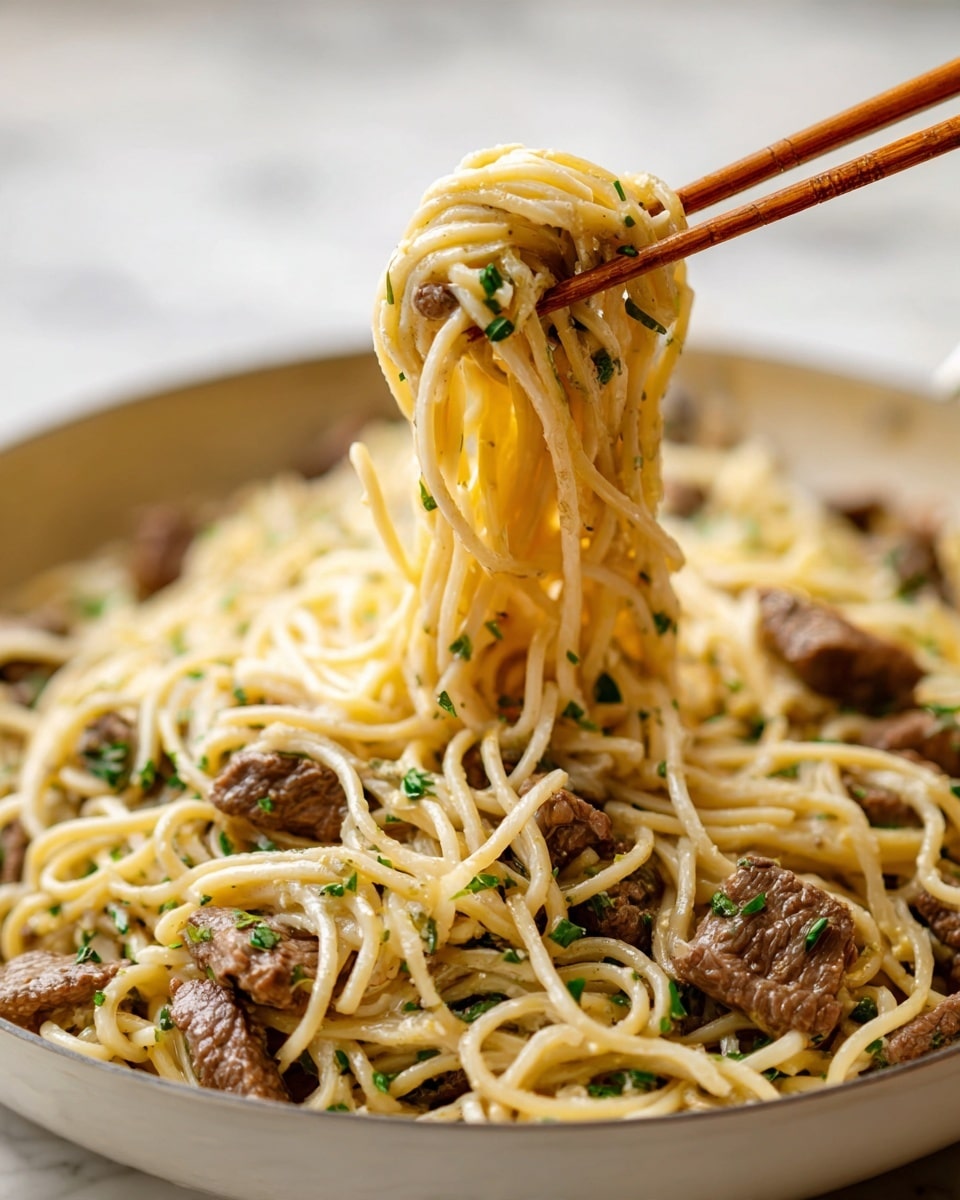 A close-up of creamy pasta with three layers visible: the bottom layer is light brown thick strands of pasta, the middle layer shows chunks of dark brown meat and slices of light beige mushrooms, all covered in a creamy light tan sauce with specks of pepper and green herbs scattered throughout. A pair of chopsticks holds a lifted portion of pasta swirled with meat and herbs, against a blurred white marbled background. Photo taken with an iphone --ar 4:5 --v 7