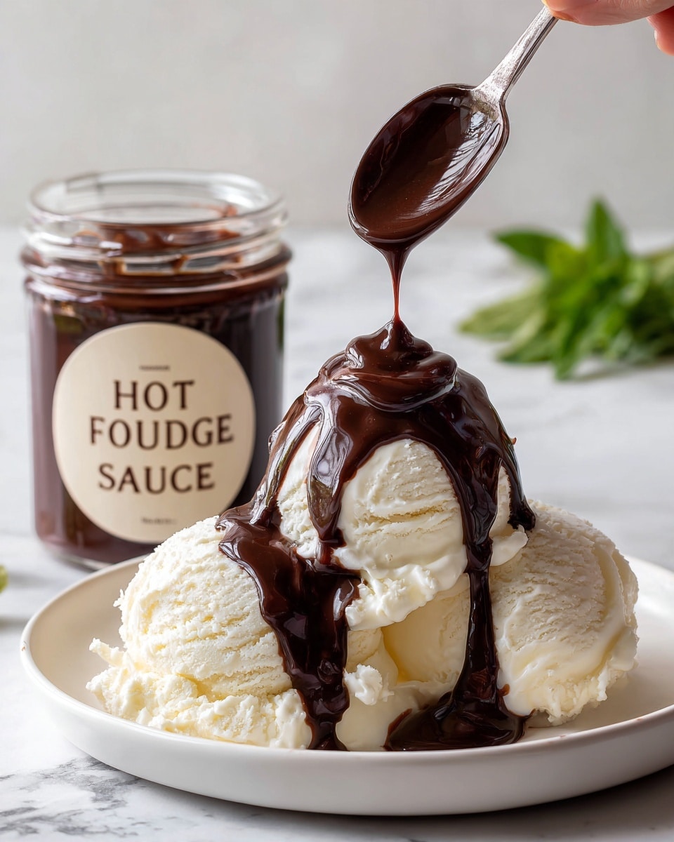 A white plate on a white marbled surface holds two scoops of white vanilla ice cream closely placed side by side. Thick, dark brown hot fudge sauce is being poured from a spoon held by a woman's hand, dripping over the top and running down the sides of the ice cream scoops, creating smooth, glossy layers of sauce. Next to the ice cream, there is a small glass jar filled with more hot fudge sauce, with a metal lid resting against it, labeled 
