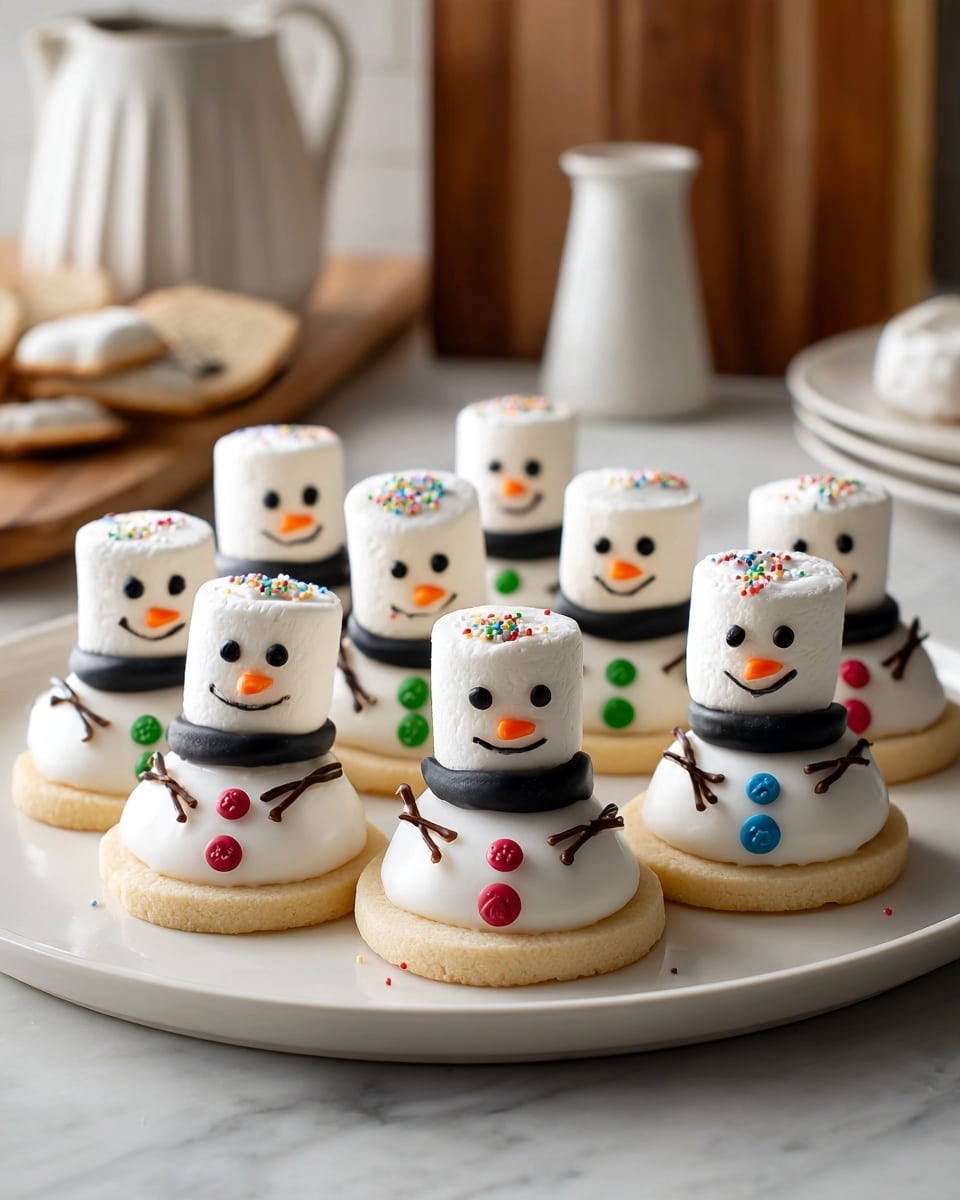 The dish shows a white plate holding ten snowman cookies, each with one thick white marshmallow as the snowman's head placed on top of a round cookie covered in smooth white icing shaped like a melting snow figure. Each cookie has different colored candy buttons in the center, like green, blue, or red, and black icing creates arms and a scarf around the bottom of each marshmallow. The marshmallows have small black eyes and an orange candy nose resembling a carrot. Some cookies also have tiny colorful sprinkles scattered on the icing. The plate is on a white marbled table with a softly blurred kitchen background. photo taken with an iphone --ar 4:5 --v 7