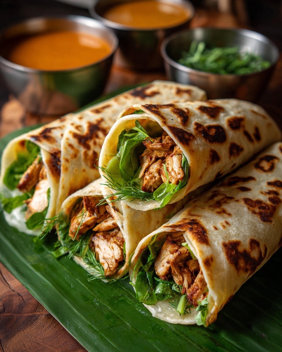 Three rolled wraps are stacked on large green lettuce leaves placed on a wooden board. Each wrap has a golden-brown toasted flatbread exterior with dark grilled patches and is filled with visible layers of cooked brownish chicken pieces and fresh green lettuce leaves. In the blurred background, there are metal bowls with an orange-colored sauce and fresh leafy greens. The setting rests on a white marbled texture. photo taken with an iphone --ar 4:5 --v 7