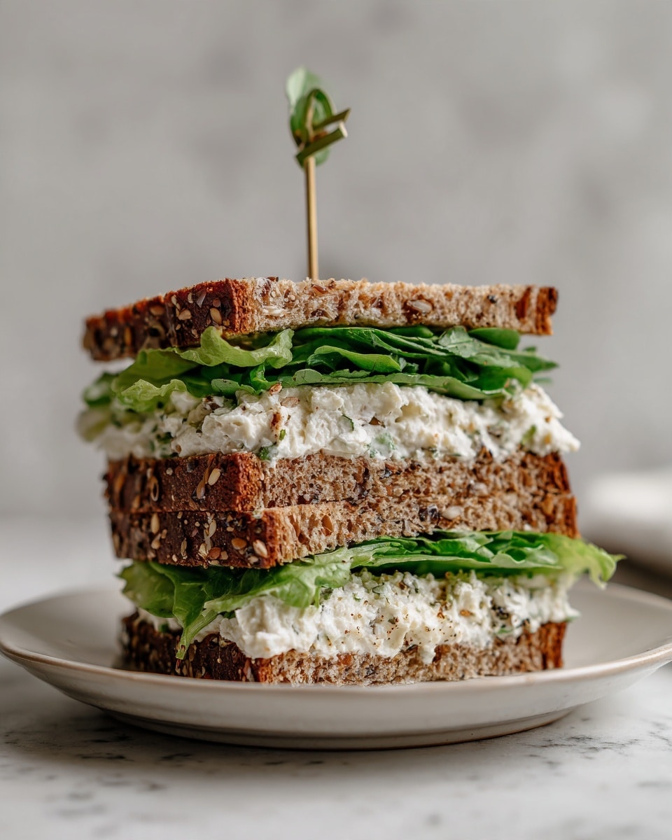 A triple-layer sandwich sits on a white plate over a white marbled surface. Each layer of sandwich bread is a multigrain slice with visible seeds and oats on the crust, showing a textured, light brown color. Between the first and second slice, there is a thick layer of fresh green lettuce with soft, ruffled edges, topped with a creamy, off-white filling that looks smooth with small bits mixed in. The same green lettuce and creamy filling alternate between the second and third slice. A wooden toothpick with a small green leafy garnish holds the sandwich together from the top. The background is softly blurred, making the sandwich the clear focus. photo taken with an iphone --ar 4:5 --v 7