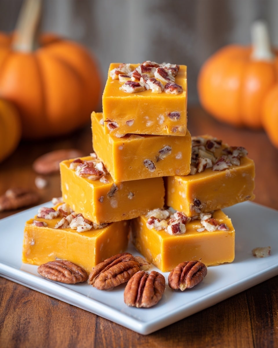 A stack of seven bright orange fudge squares is arranged on a white square plate, each piece topped with chopped pecans that add a rough texture and brown color to the smooth, creamy fudge. The fudge layers are thick and solid, showing clean edges and a soft sheen on the surface. Around the plate, there are whole pecans scattered for decoration. The plate sits on a wooden table with a white marbled surface underneath, and in the blurred background, there is an orange pumpkin and an orange patterned cloth, adding warm autumn colors to the scene. photo taken with an iphone --ar 4:5 --v 7