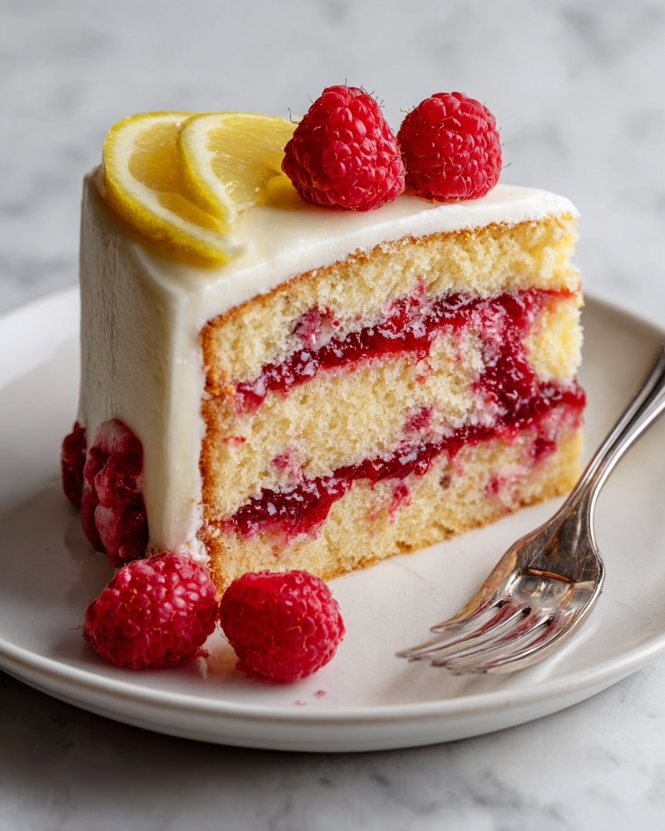 A slice of two-layer vanilla cake with visible red raspberry pieces inside each yellow cake layer, separated by a bright red raspberry jam filling. The entire slice is covered with smooth white frosting on the top and sides. On top, there are two fresh red raspberries and a curved yellow lemon slice as decoration. Two extra raspberries sit on the white plate next to the cake. A silver fork with detailed engravings lies on the right side of the plate. The background has a white marbled texture. photo taken with an iphone --ar 4:5 --v 7