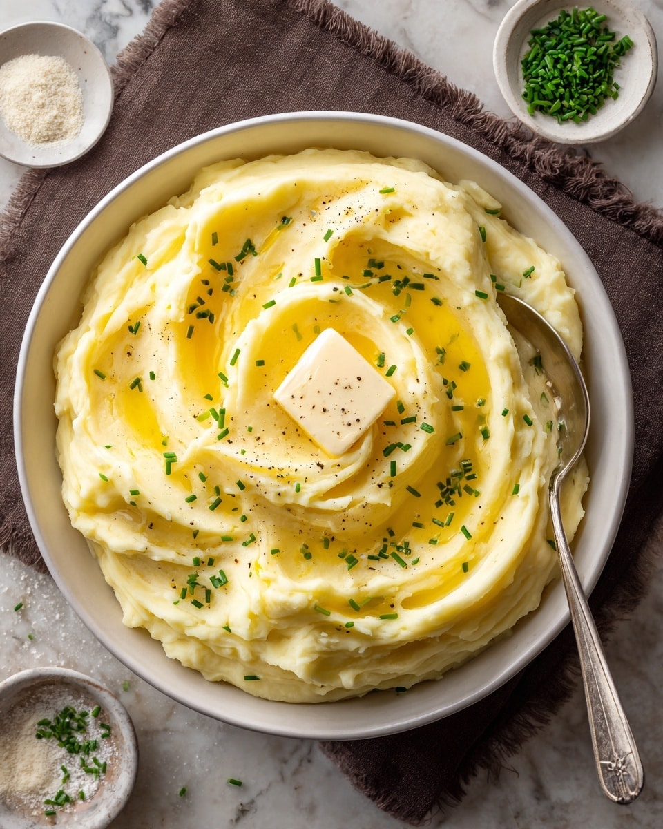 A bowl filled with creamy mashed potatoes spread in one thick layer with smooth swirls and soft peaks, topped with a small square of melting yellow butter in the center, scattered finely chopped green chives, and a drizzle of golden melted butter pooling lightly in the grooves. The mashed potatoes have a pale off-white color with a smooth and soft texture. A silver spoon rests on the right edge of the bowl, which is set on a white marbled surface along with small dishes of green chives and grated cheese nearby. The photo taken with an iphone --ar 4:5 --v 7