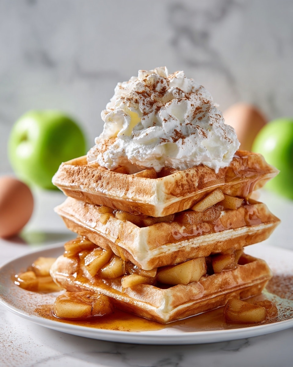A stack of three thick, golden waffles with a light, crispy texture sits on a white plate on a white marbled surface. Between the waffles and on top, there is a chunky apple topping with small, soft apple pieces coated in a shiny, warm brown syrup. On top of the stack, there is a dollop of white whipped cream sprinkled with a light dusting of cinnamon powder. Extra apple pieces and syrup drip slightly down the waffles and onto the plate. In the background, a blurred apple and eggs are visible. Photo taken with an iphone --ar 4:5 --v 7