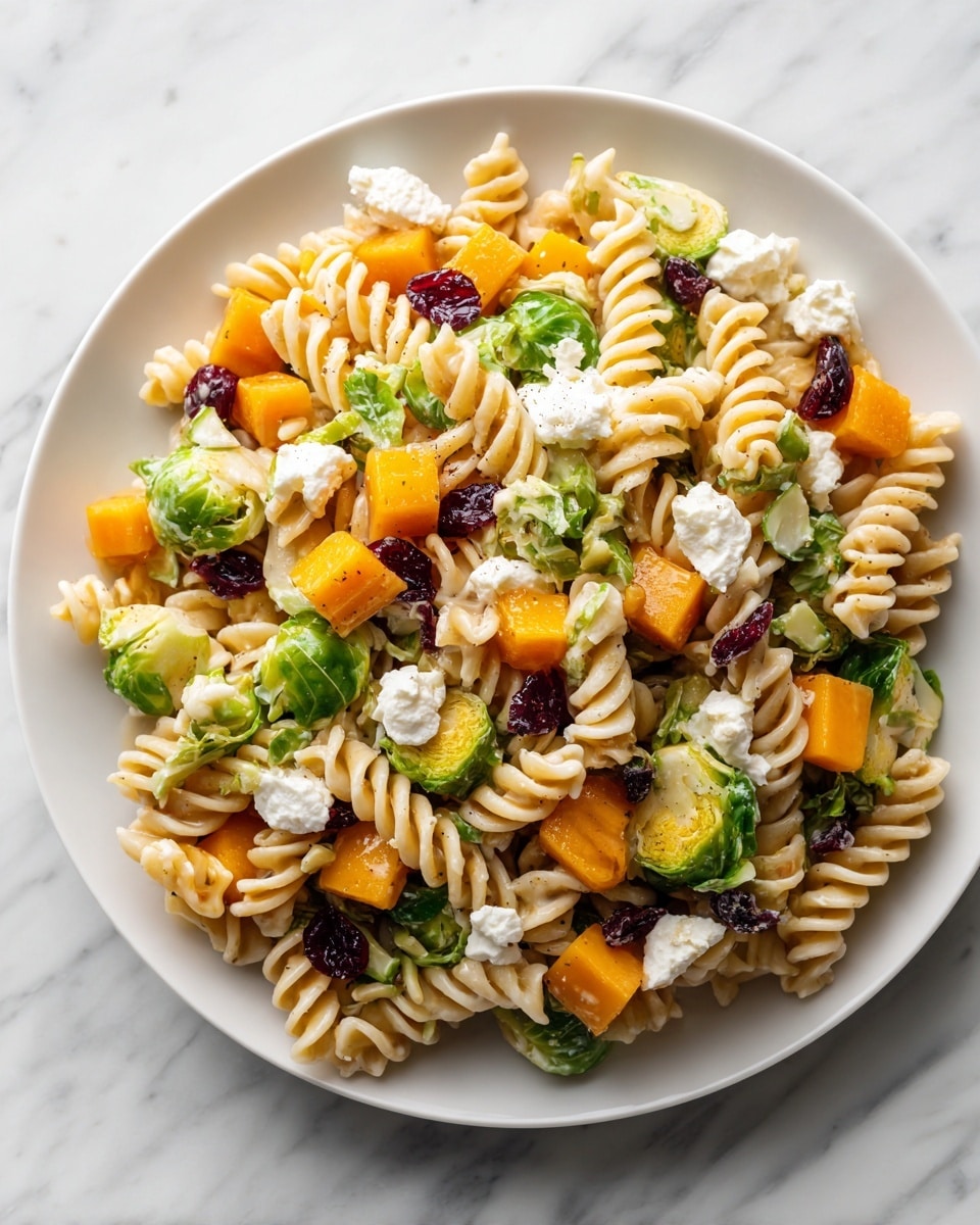 The image shows a close-up of a pasta salad with three main layers. The bottom layer consists of spiral rotini pasta, creamy off-white in color and slightly glossy. On top of the pasta, there is a mix of large yellow-orange cubes of butternut squash and small bright green Brussels sprouts, scattered evenly across the dish. The top layer has small crumbles of white goat cheese and dark red dried cranberries spread over the vegetables. The textures range from soft pasta, firm vegetables, and crumbly cheese pieces. The dish is presented on a white plate placed on a white marbled surface. The photo taken with an iphone --ar 4:5 --v 7