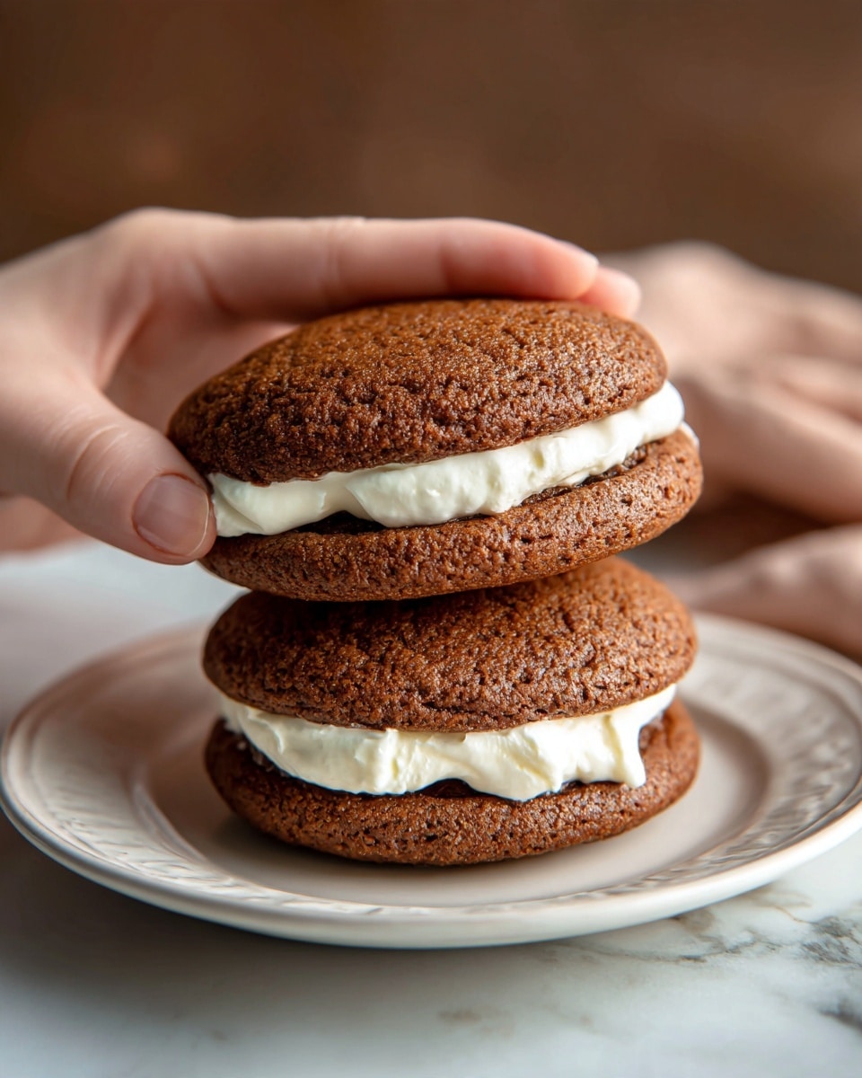 A stack of two soft, round chocolate cookies with a rough, cracked surface, each sandwiching a thick layer of smooth, white marshmallow cream that slightly oozes out from the edges. The cookies are a rich brown color, with a chewy texture visible, and the cream looks fluffy and soft. They sit on a simple white plate placed on a white marbled surface, with a blurred background giving a cozy feel. photo taken with an iphone --ar 4:5 --v 7