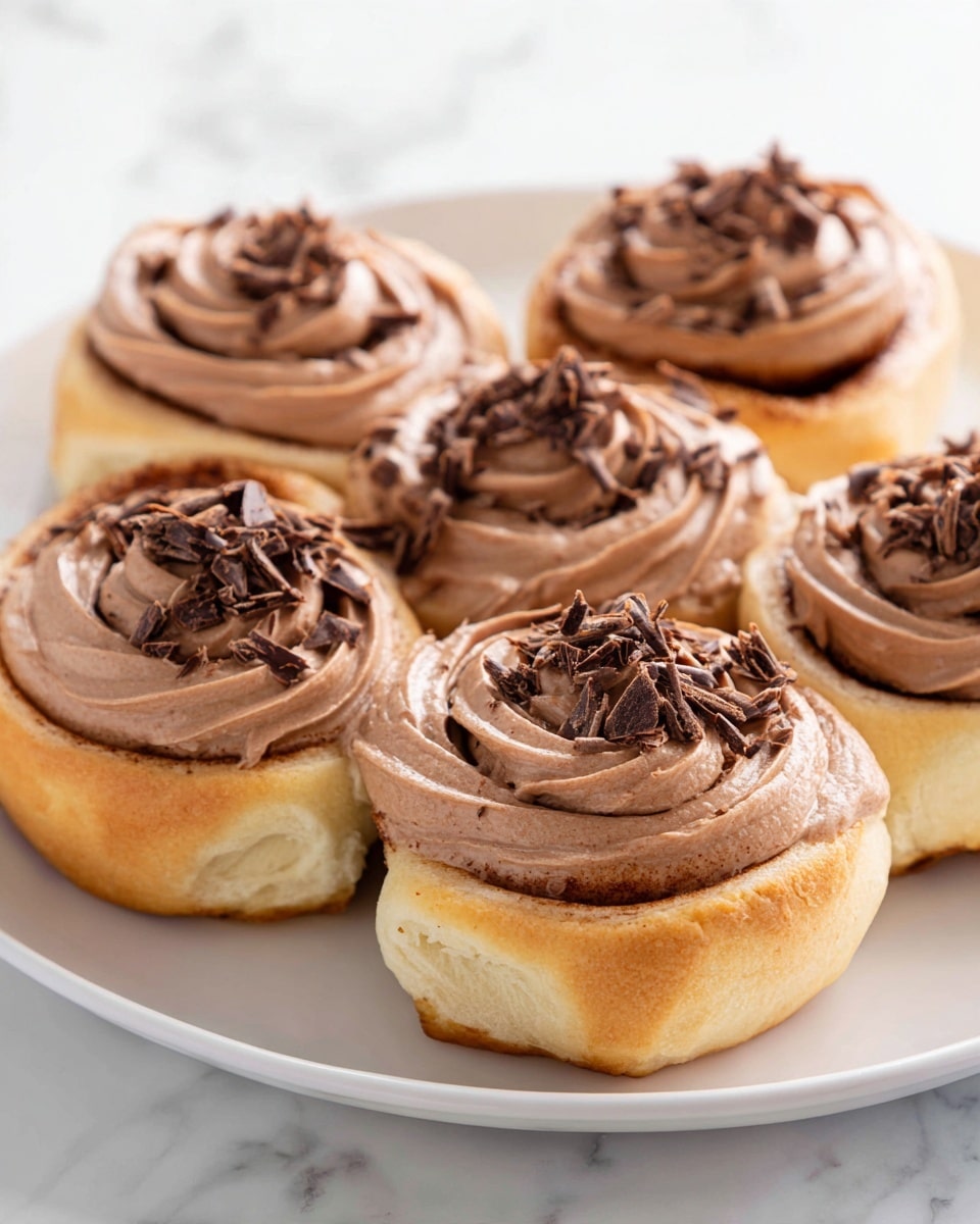 The image shows six cinnamon rolls closely packed in a white tray, each topped with a thick swirl of chocolate frosting. The frosting is smooth and glossy, with a rich brown color, spiraled neatly over the golden-brown dough of the rolls below. Small pieces of dark chocolate shavings are scattered over the frosting, adding texture and contrast. The rolls have a soft, fluffy look with a slightly darker baked edge. The background is a white marbled surface. Photo taken with an iphone --ar 4:5 --v 7