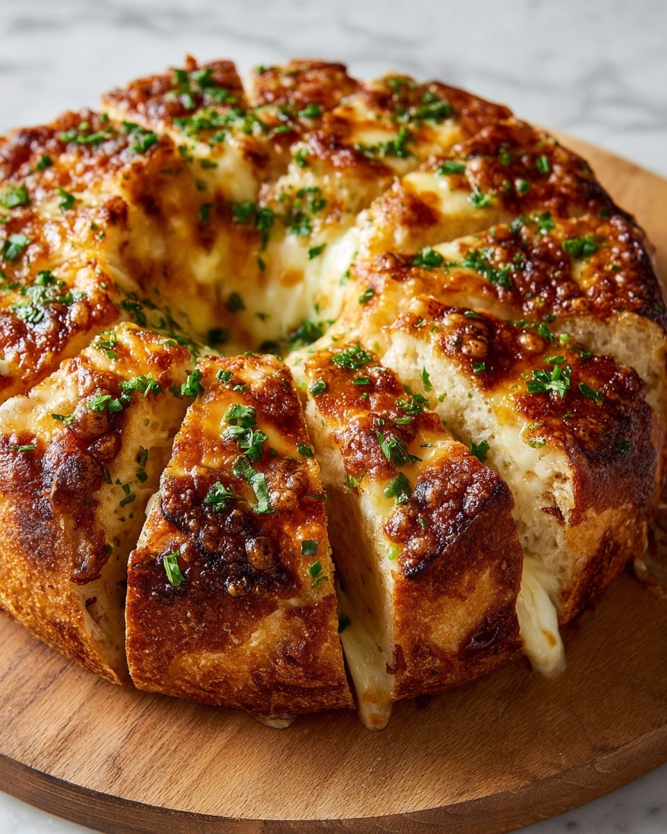 A round, baked cheese bread is shown with a golden brown, crispy top layer that is bubbly and caramelized with spots of darker brown. It is divided into sections with melted cheese dripping slightly between the cuts. Bright green chopped herbs are sprinkled over the top, adding a fresh contrast to the warm, browned cheese. The bread has a hollow center, and the edges look soft and chewy with cheese visible under the crust. The white marbled surface underneath adds a clean and bright background to the dish. photo taken with an iphone --ar 4:5 --v 7